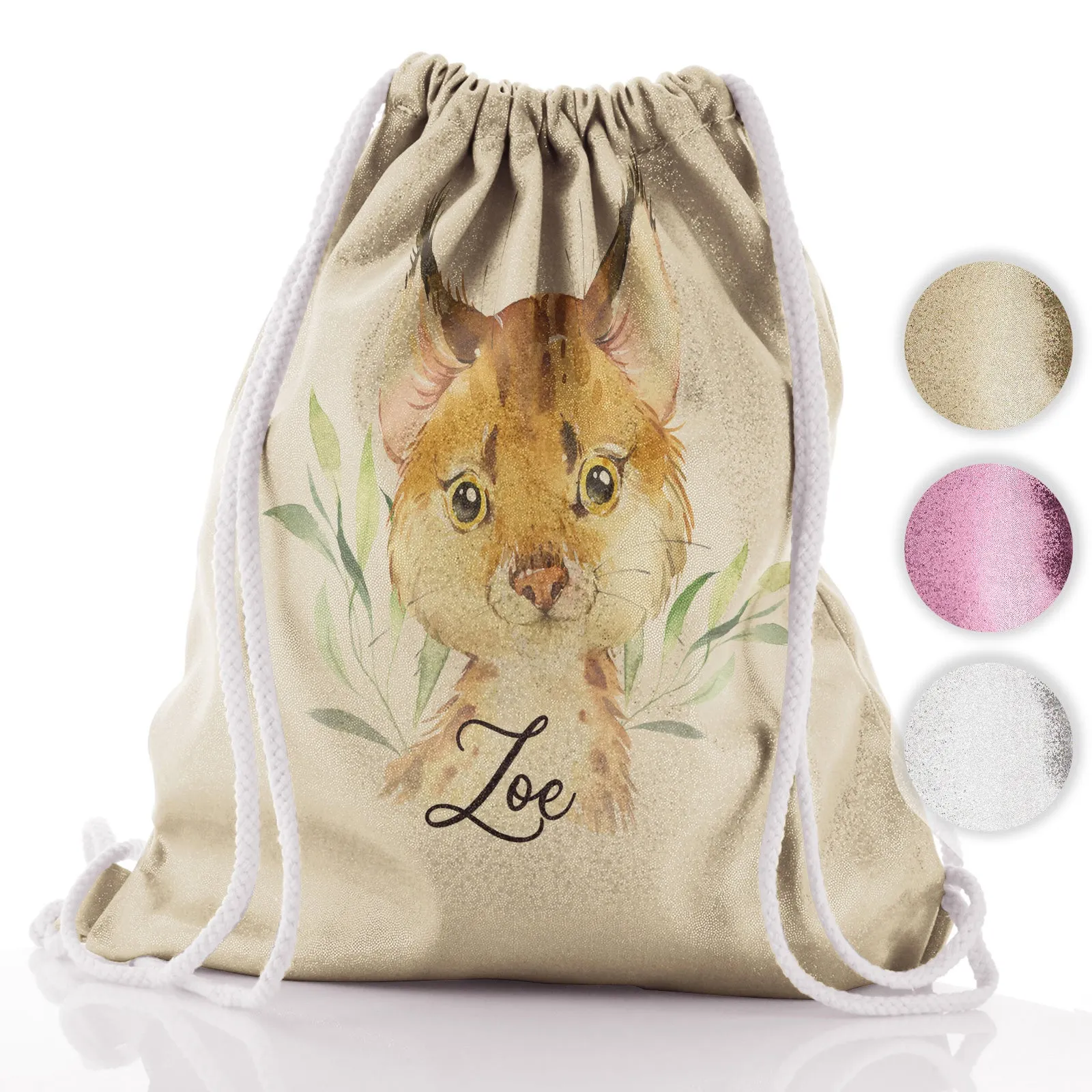 Personalised Glitter Drawstring Backpack with Spot Cat and Leaves and Cute Text