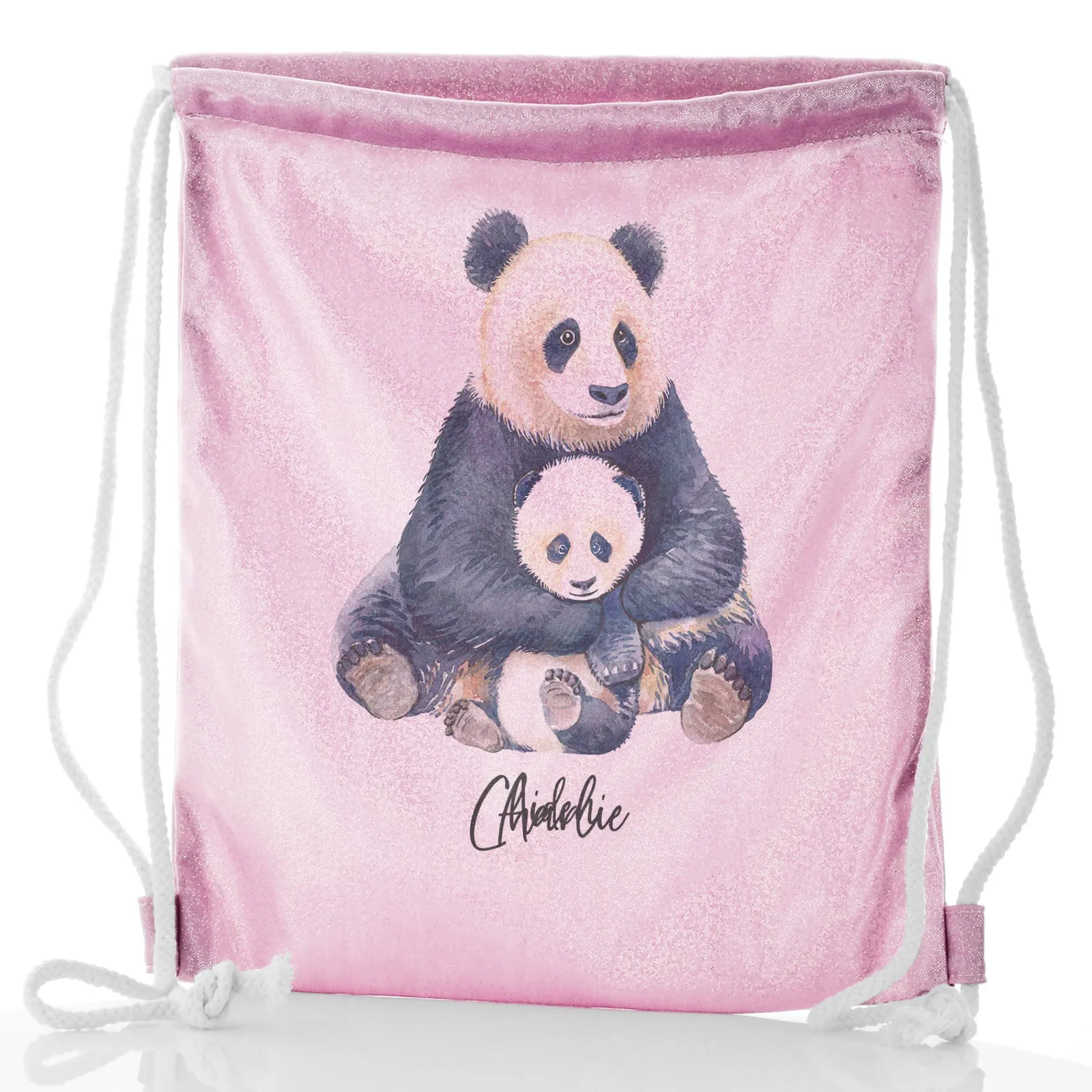 Personalised Glitter Drawstring Backpack with Welcoming Text and Relaxing Mum and Baby Pandas