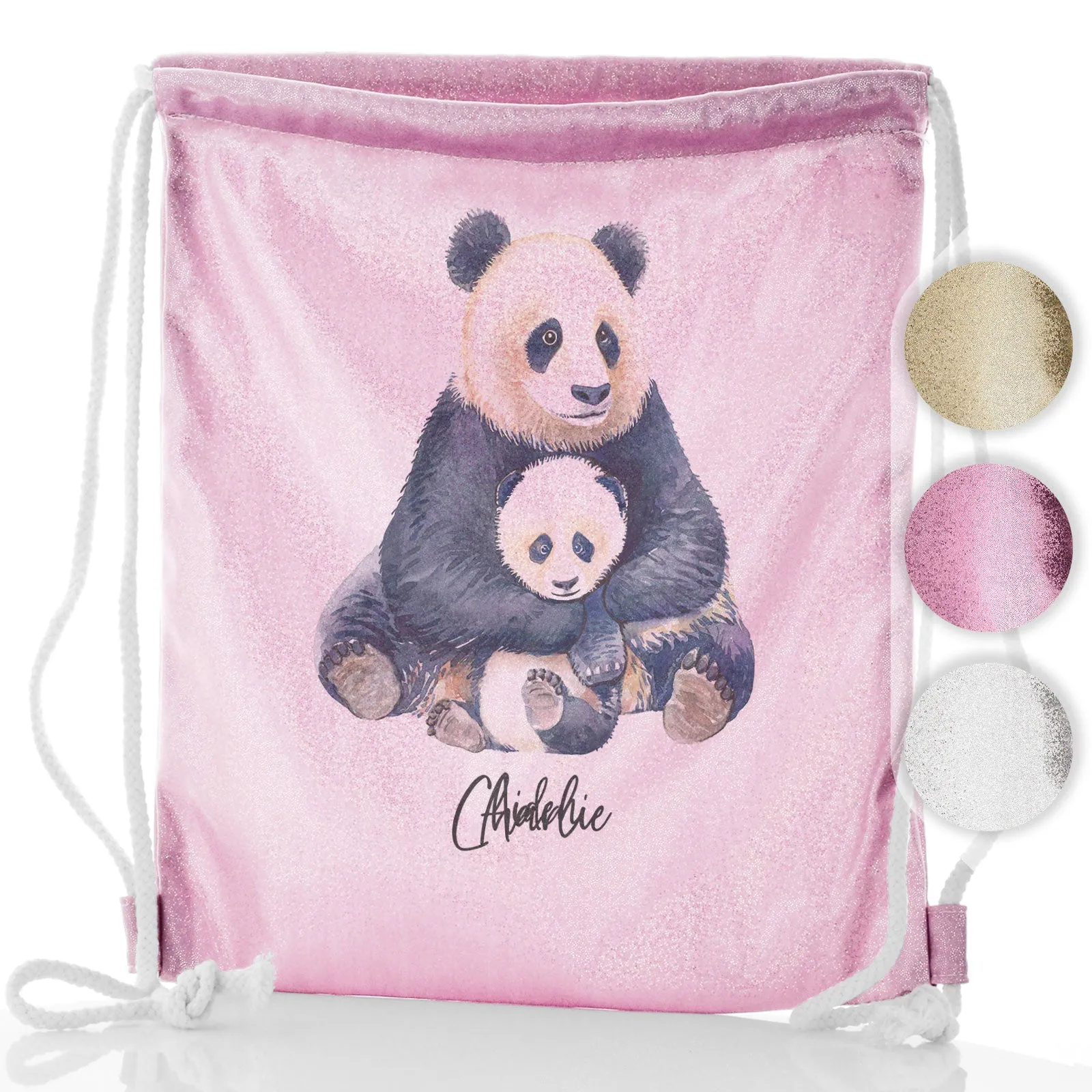 Personalised Glitter Drawstring Backpack with Welcoming Text and Relaxing Mum and Baby Pandas
