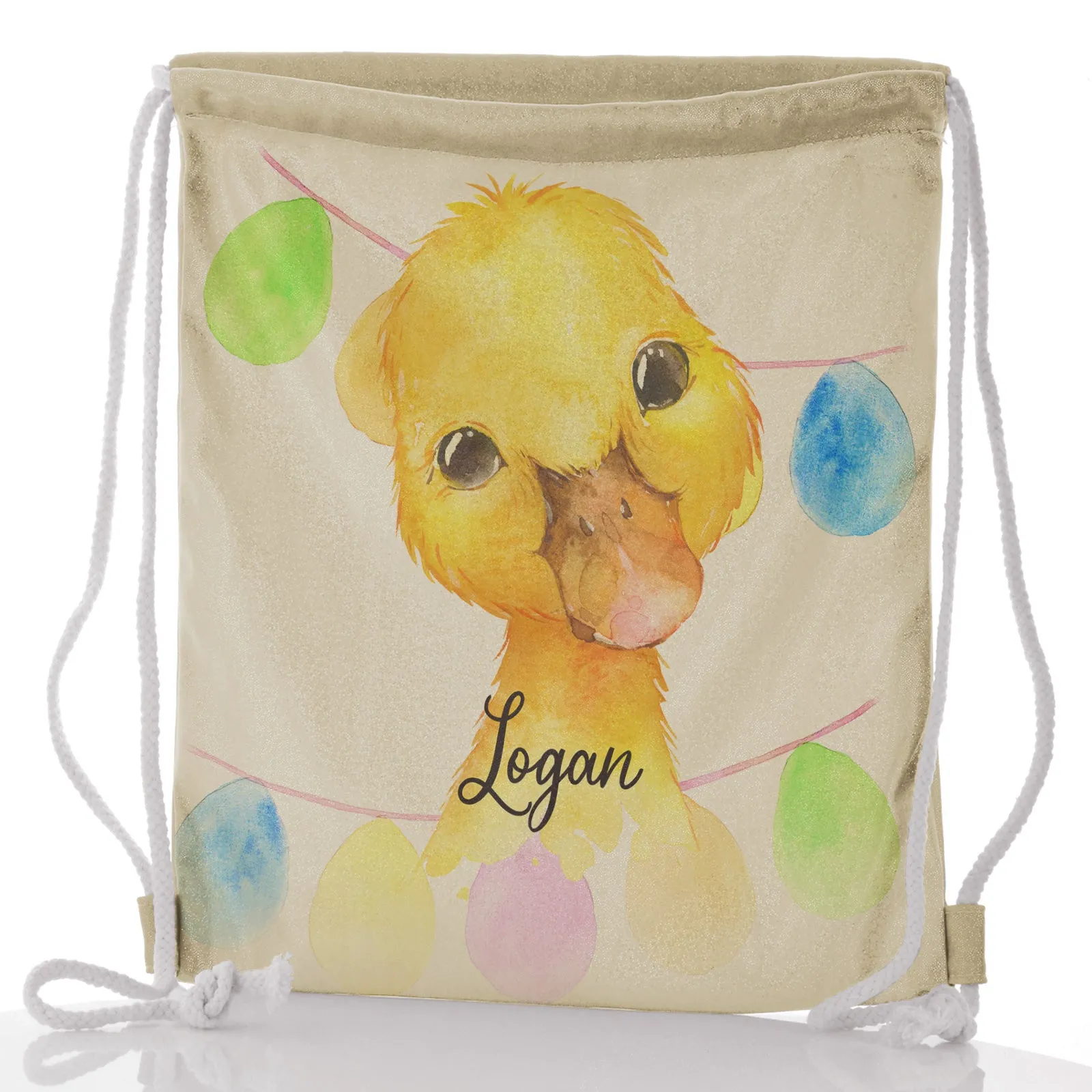 Personalised Glitter Drawstring Backpack with Yellow Duck Multicolour Buntin and Cute Text