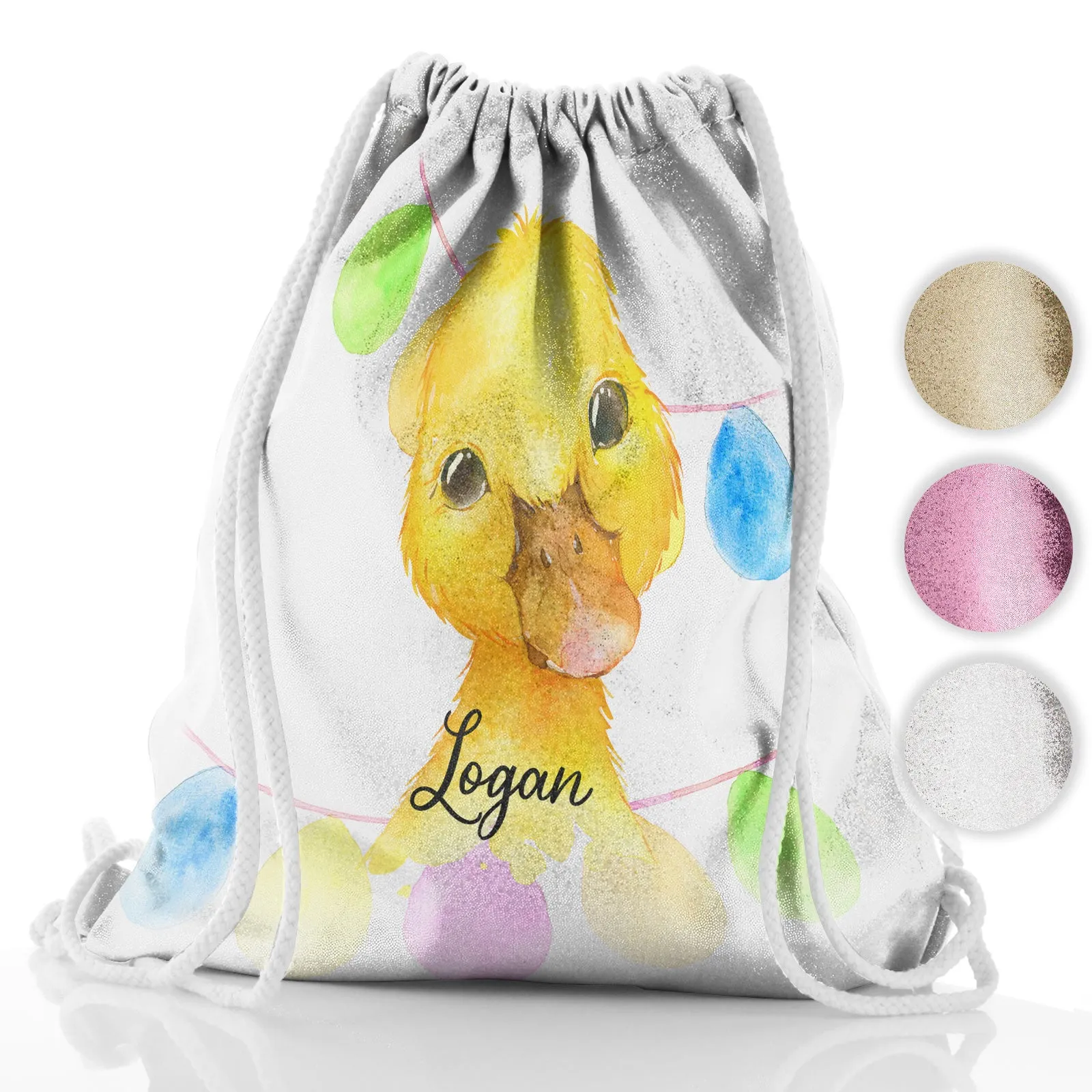 Personalised Glitter Drawstring Backpack with Yellow Duck Multicolour Buntin and Cute Text