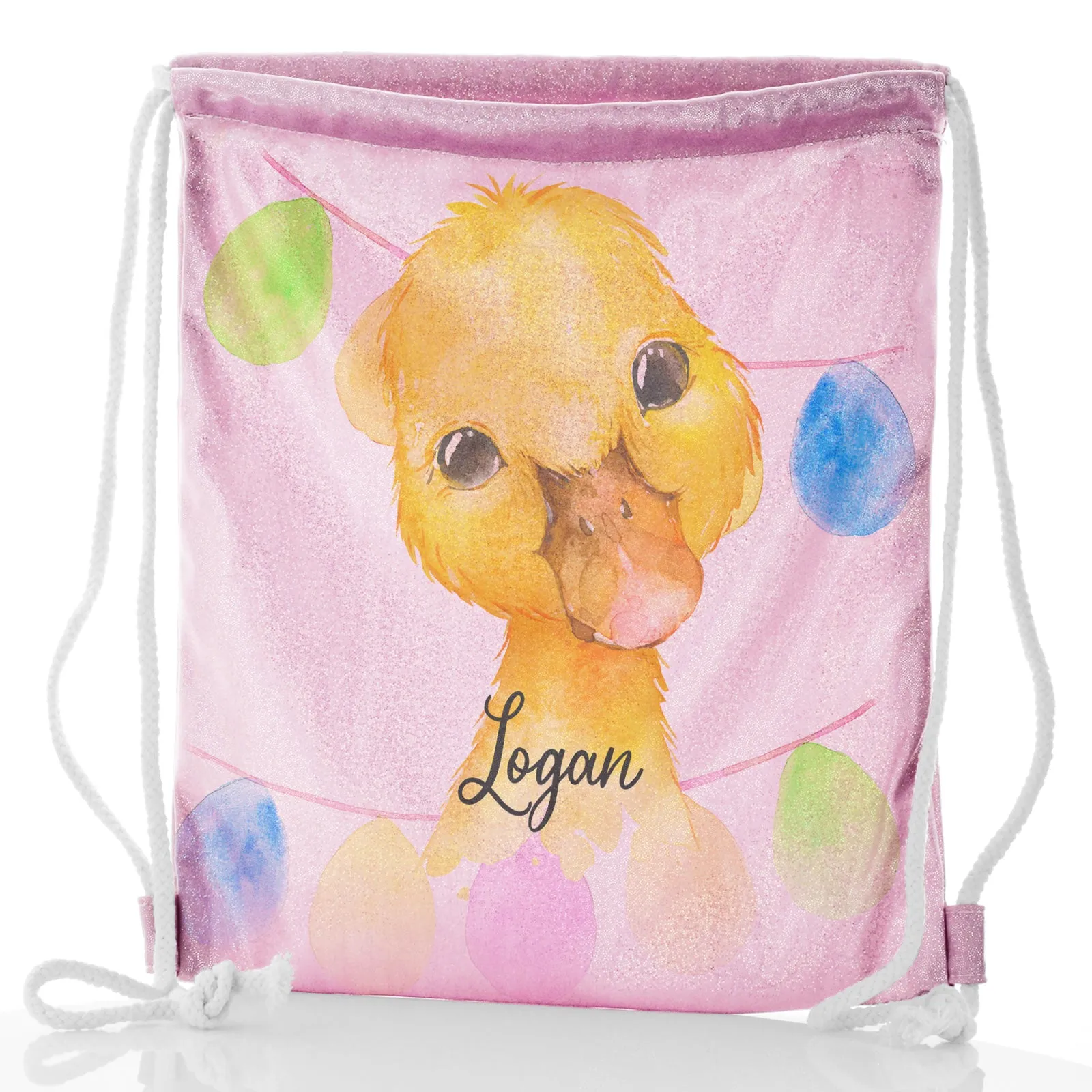 Personalised Glitter Drawstring Backpack with Yellow Duck Multicolour Buntin and Cute Text