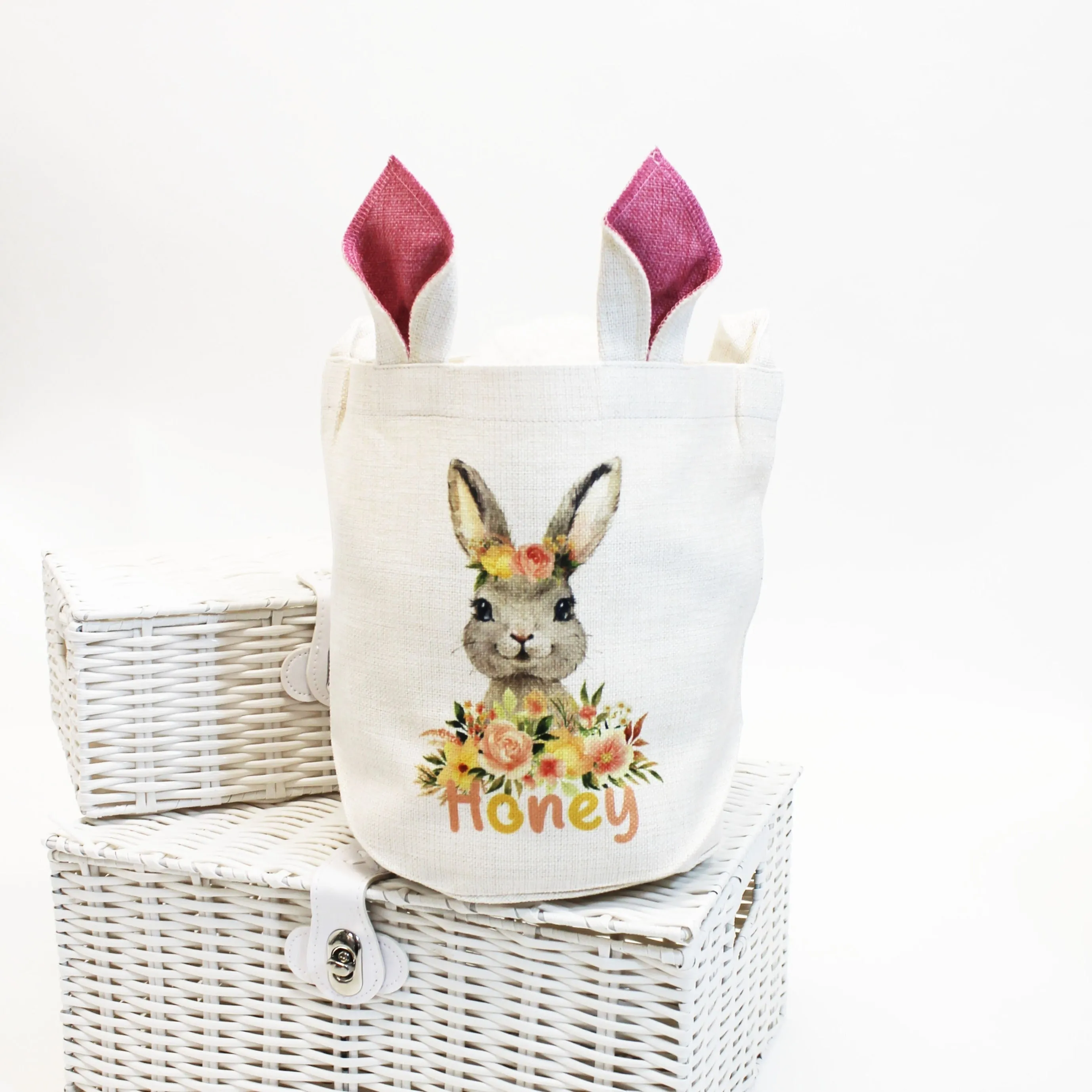 Personalised Printed Easter Basket & Handle with Pink Ears