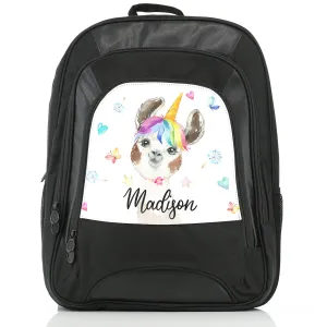 Personalised Rucksack with Alpaca Unicorn with Rainbow Hair Hearts Stars and Cute Text