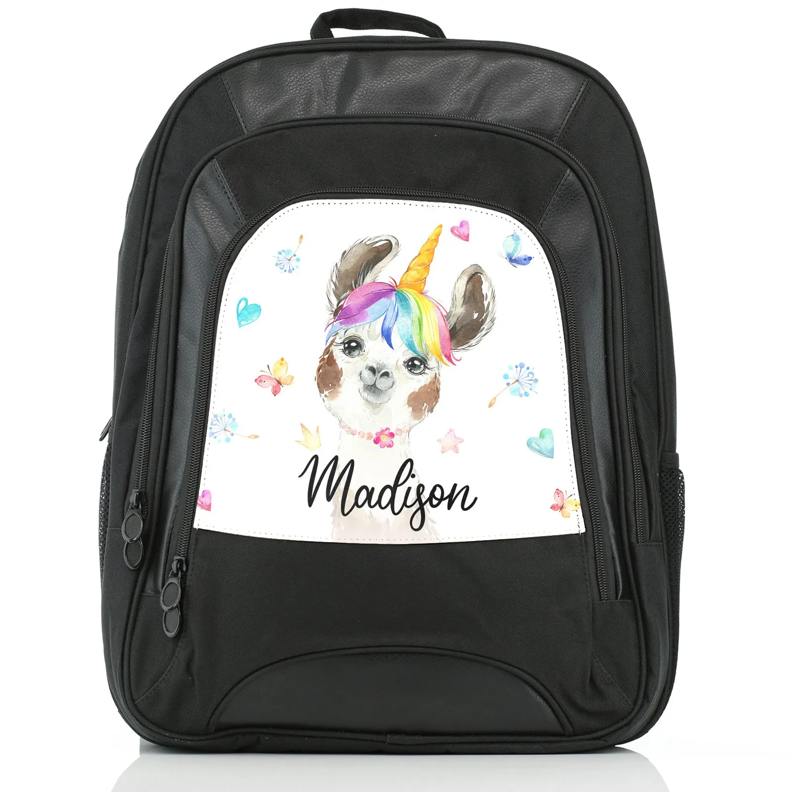 Personalised Rucksack with Alpaca Unicorn with Rainbow Hair Hearts Stars and Cute Text