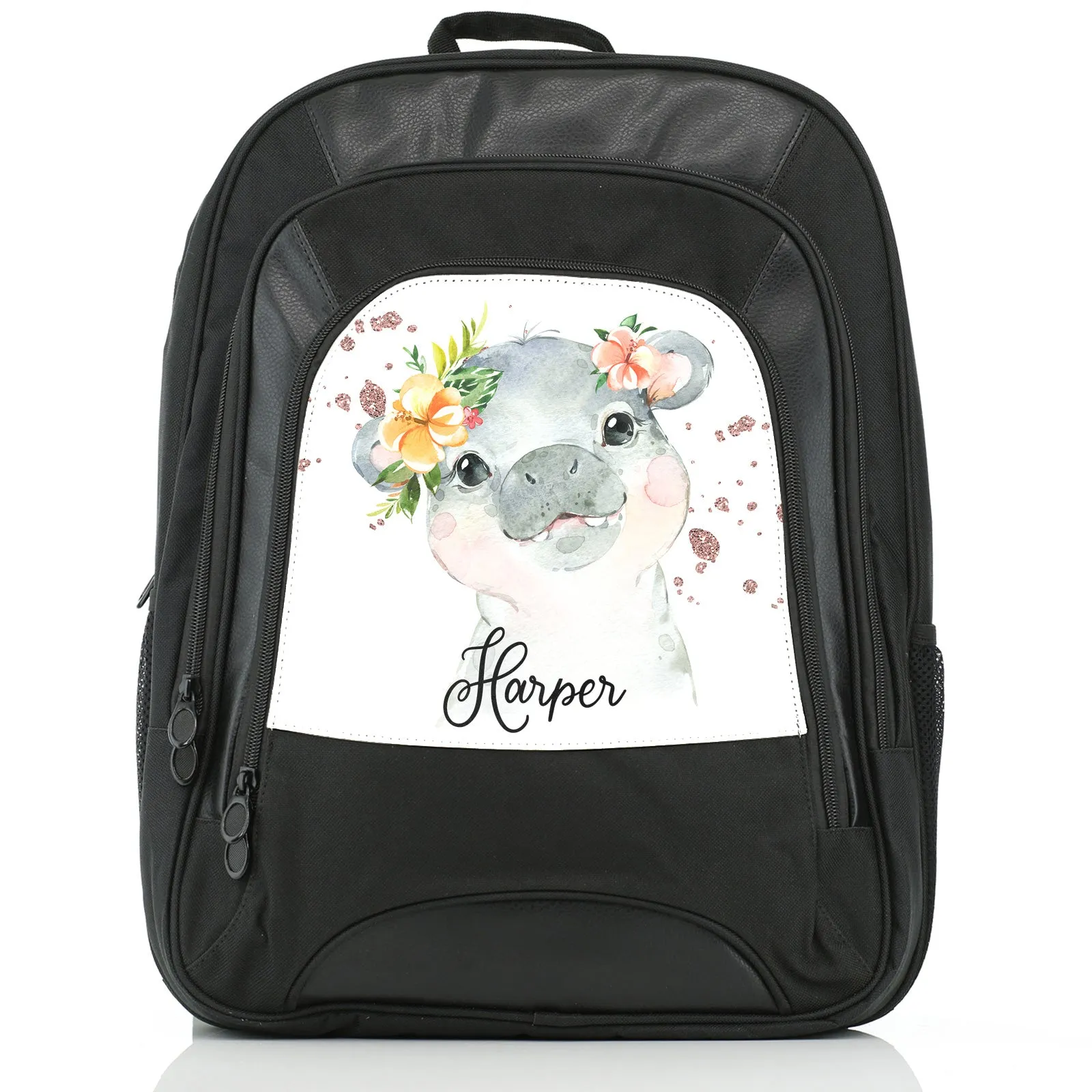 Personalised Rucksack with Hippo Rain Drop Glitter Print and Cute Text