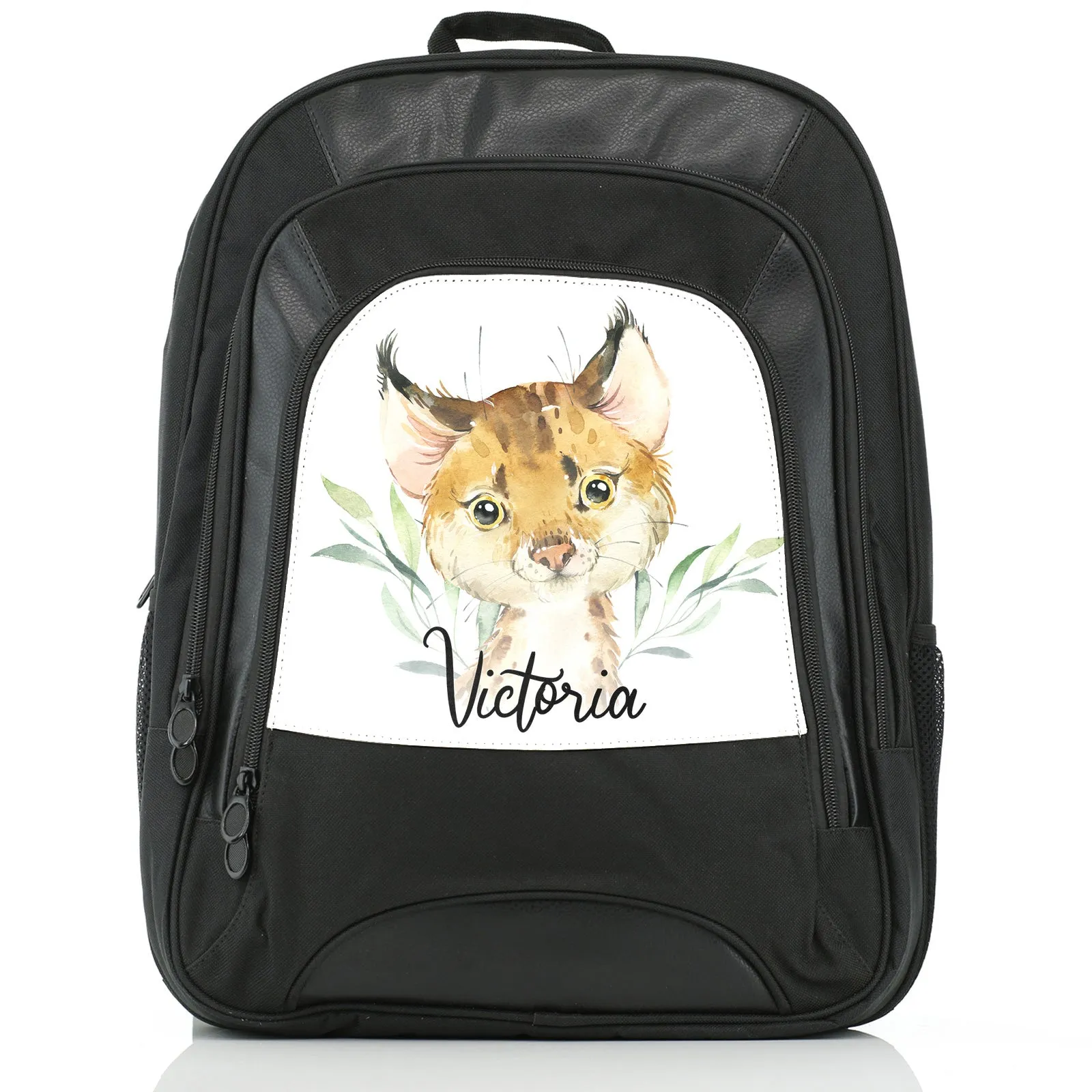 Personalised Rucksack with Spot Cat and Leaves and Cute Text