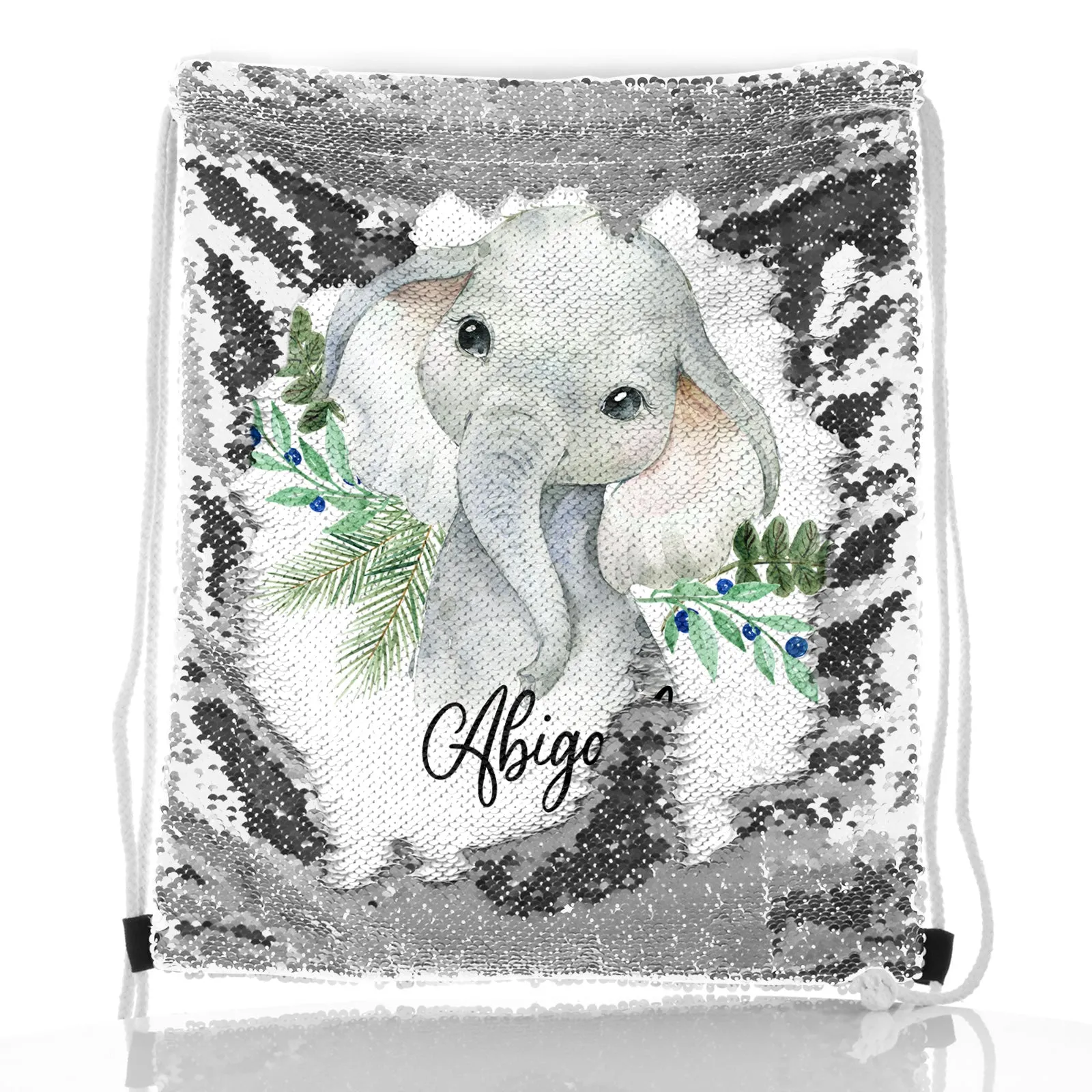 Personalised Sequin Drawstring Backpack with Elephant Blue Berries and Cute Text