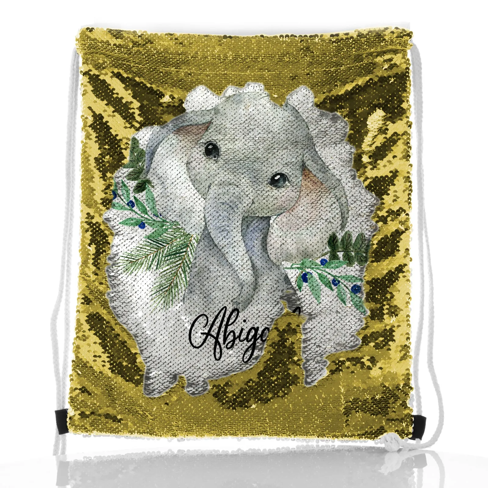 Personalised Sequin Drawstring Backpack with Elephant Blue Berries and Cute Text