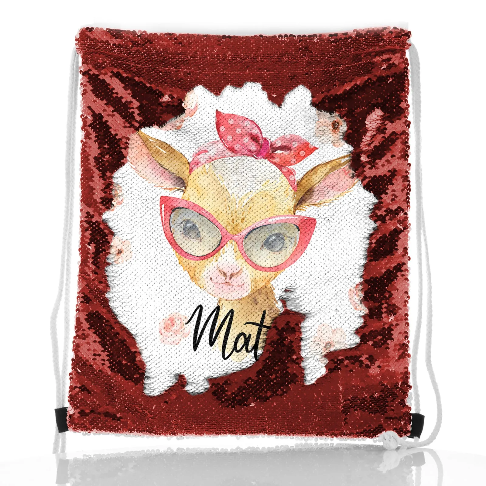 Personalised Sequin Drawstring Backpack with Goat Pink Glasses and Roses and Cute Text