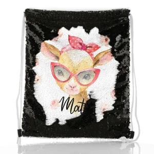 Personalised Sequin Drawstring Backpack with Goat Pink Glasses and Roses and Cute Text