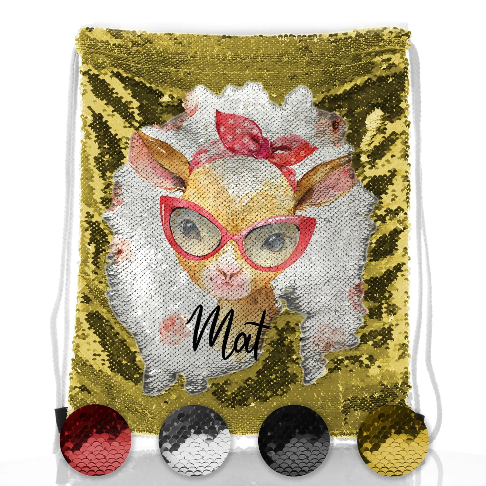 Personalised Sequin Drawstring Backpack with Goat Pink Glasses and Roses and Cute Text