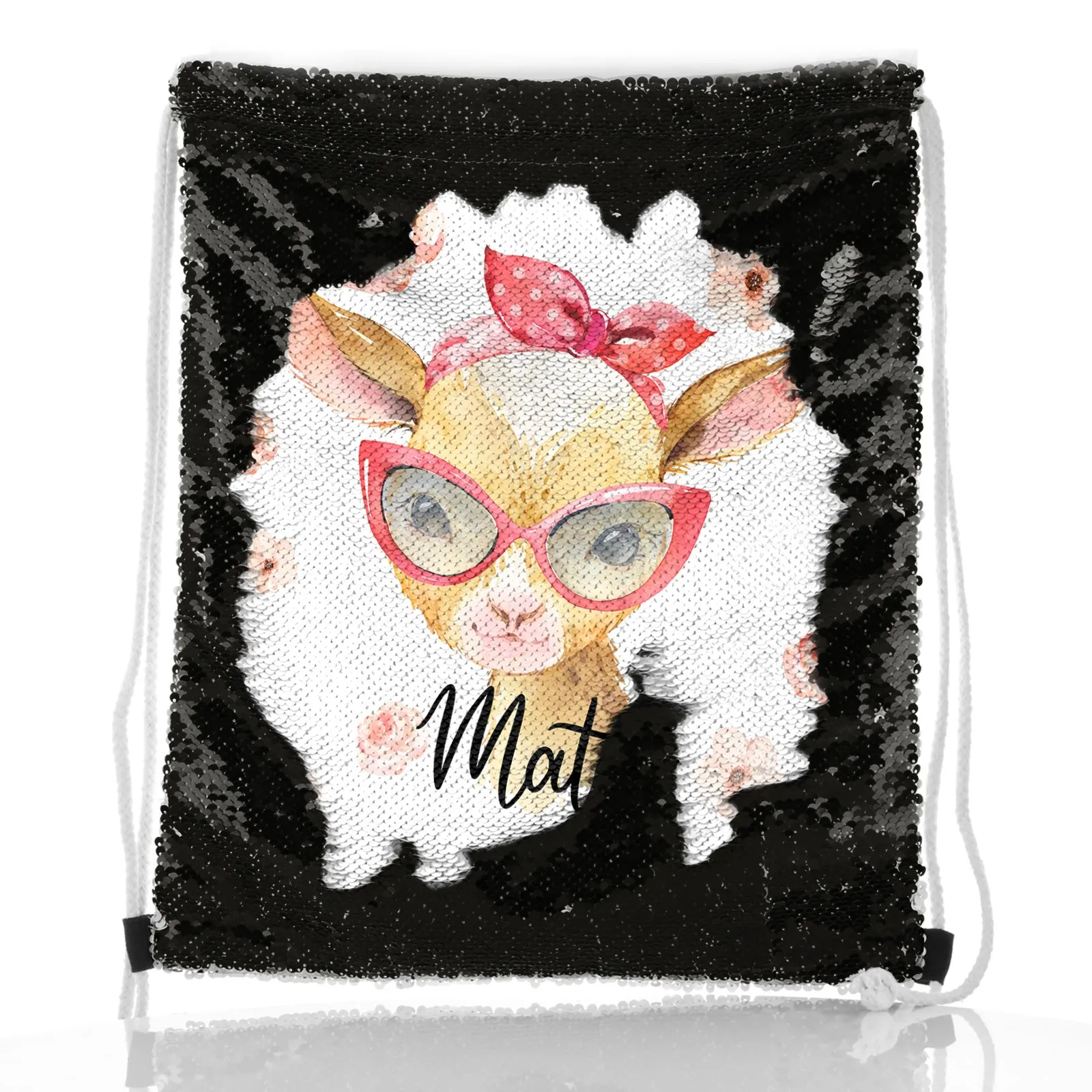 Personalised Sequin Drawstring Backpack with Goat Pink Glasses and Roses and Cute Text