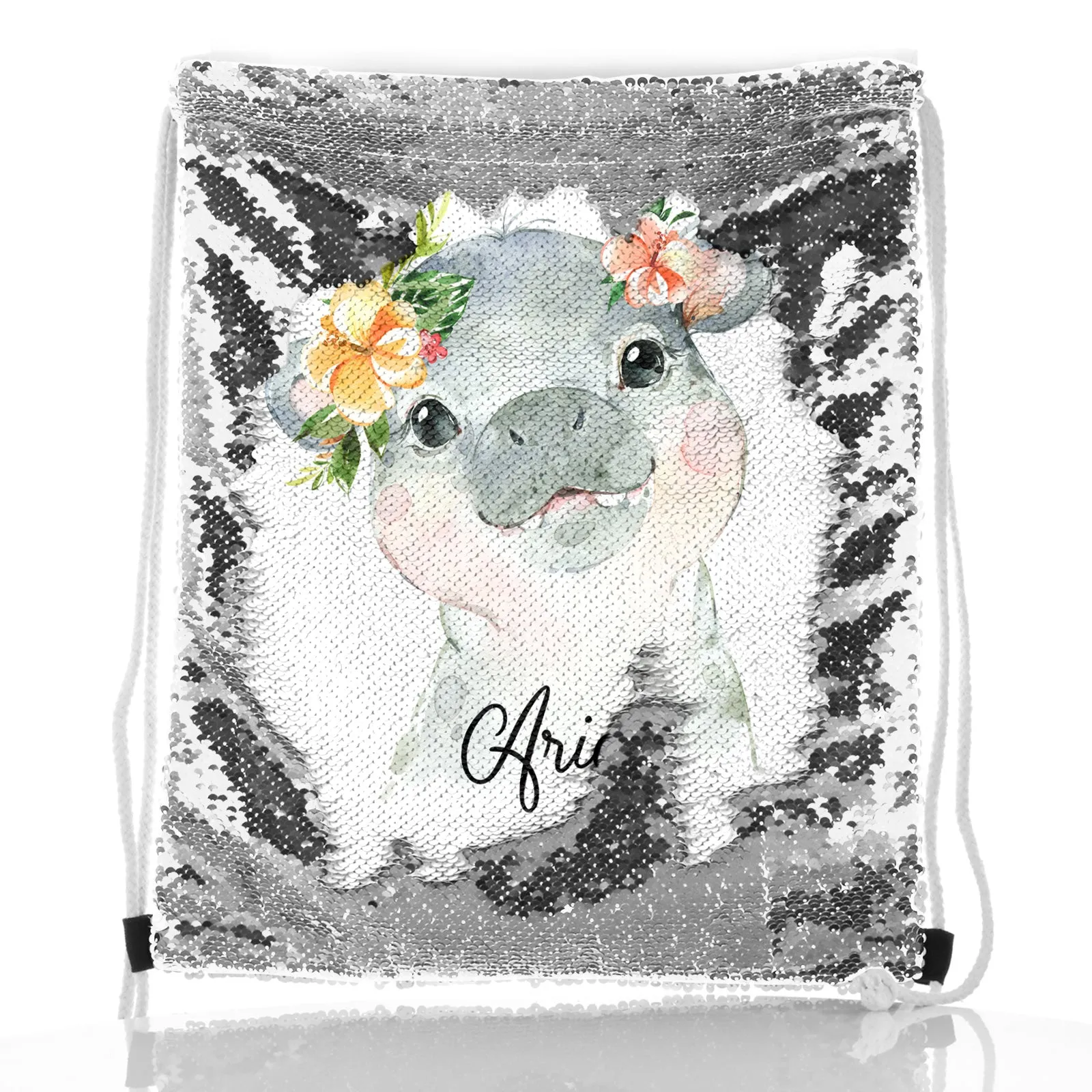 Personalised Sequin Drawstring Backpack with Hippo Peach Flowers and Cute Text