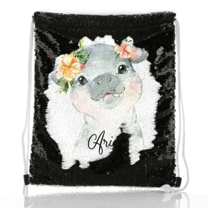 Personalised Sequin Drawstring Backpack with Hippo Peach Flowers and Cute Text