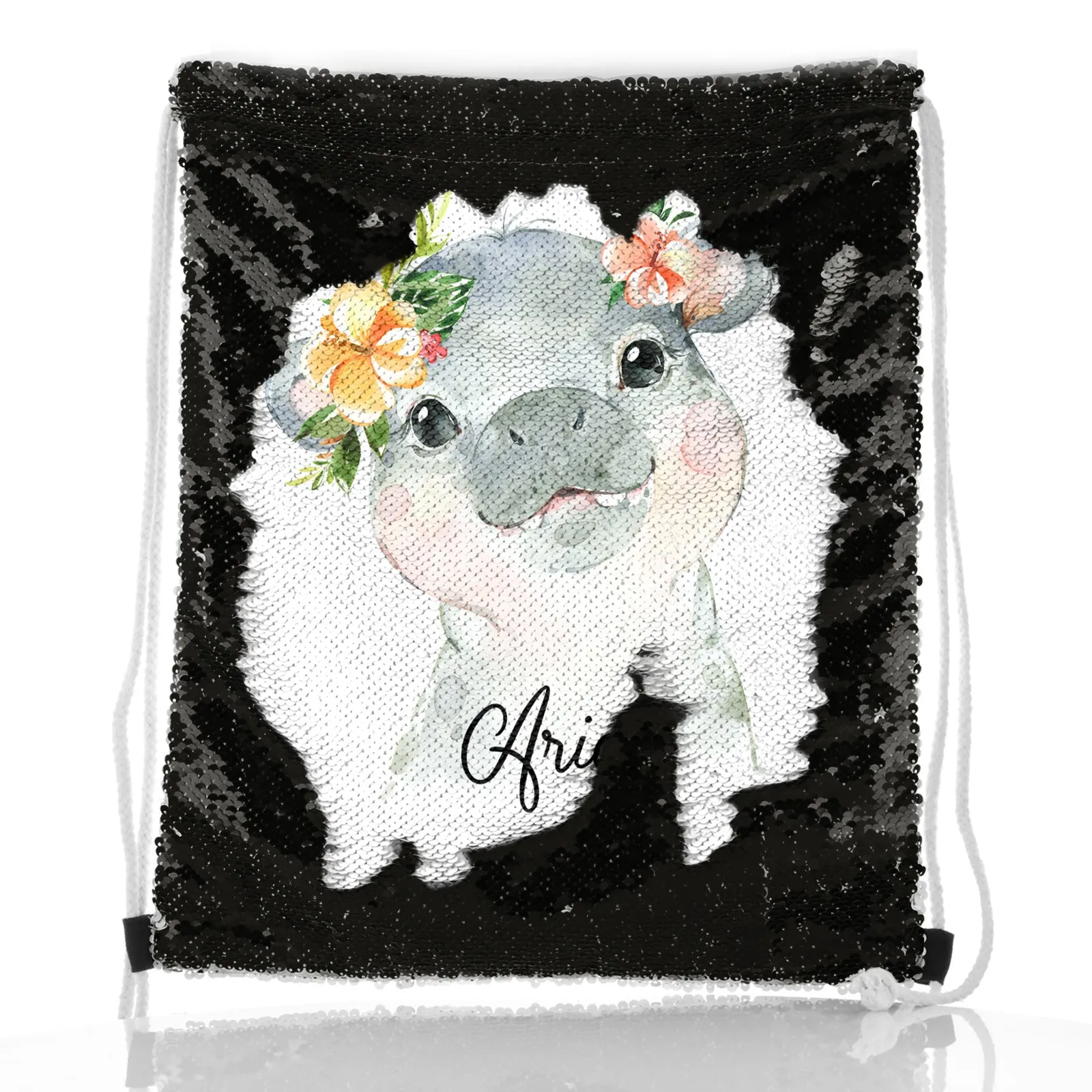 Personalised Sequin Drawstring Backpack with Hippo Peach Flowers and Cute Text