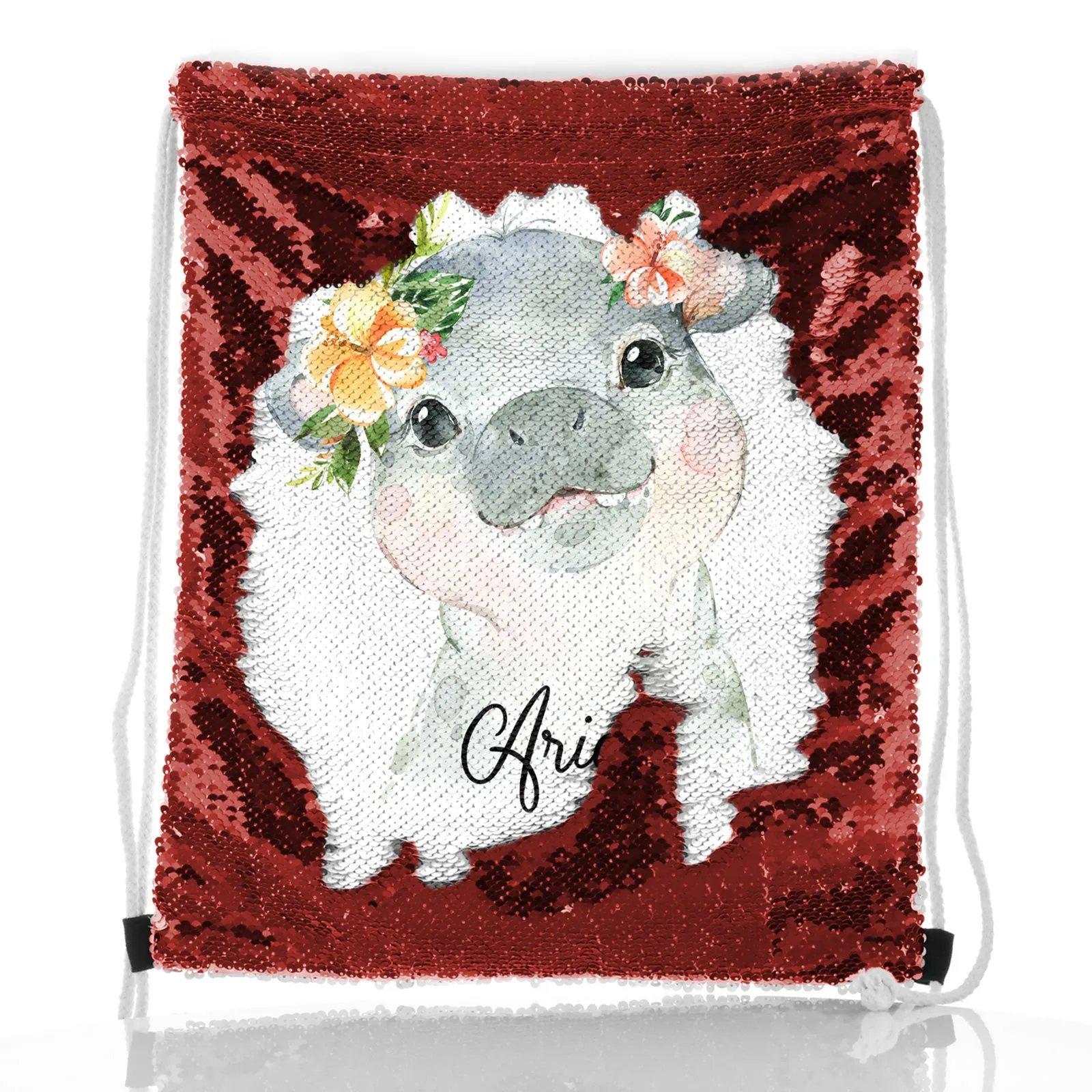 Personalised Sequin Drawstring Backpack with Hippo Peach Flowers and Cute Text