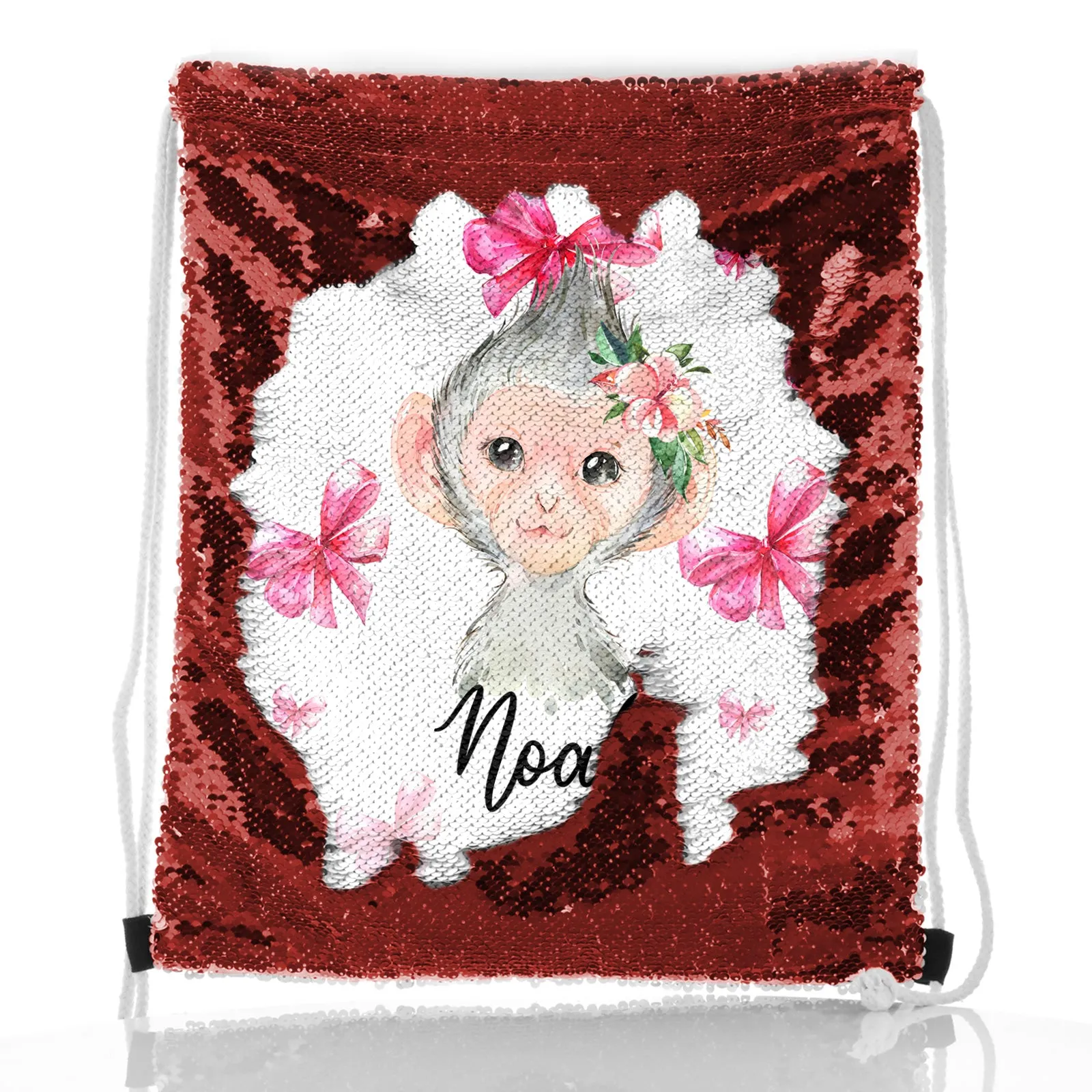 Personalised Sequin Drawstring Backpack with Monkey Pink Bows and Cute Text