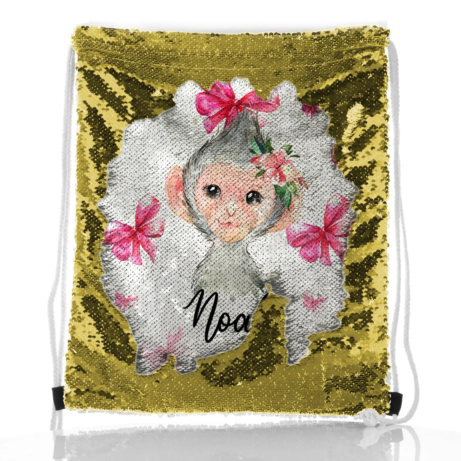 Personalised Sequin Drawstring Backpack with Monkey Pink Bows and Cute Text