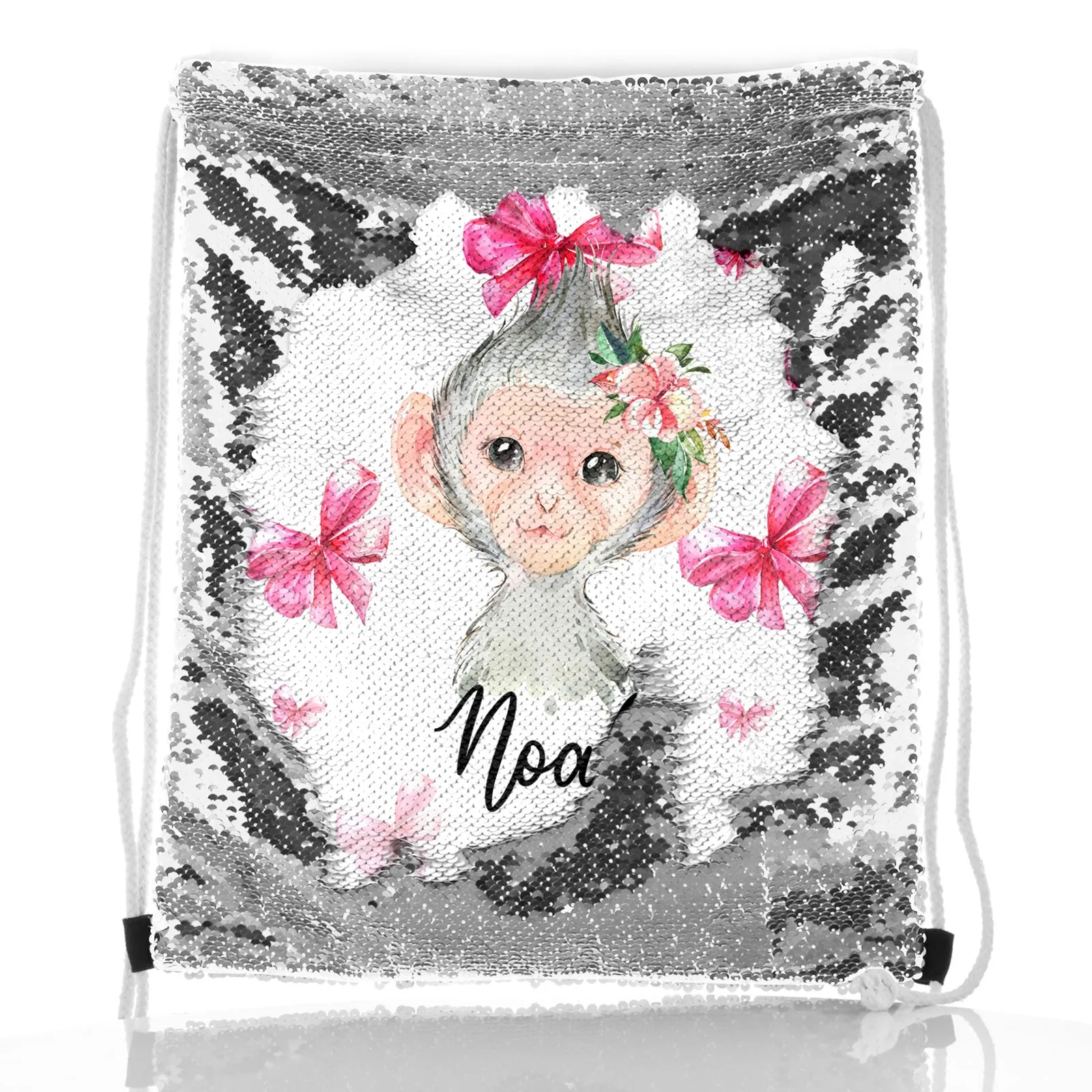 Personalised Sequin Drawstring Backpack with Monkey Pink Bows and Cute Text