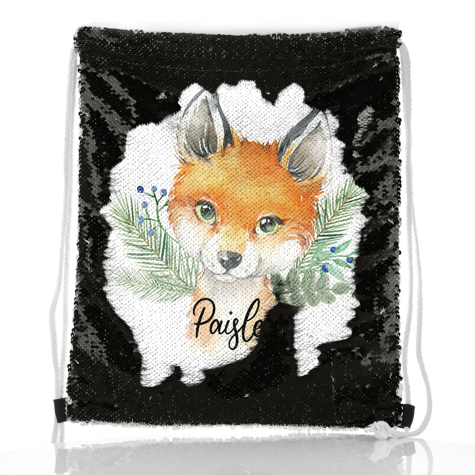 Personalised Sequin Drawstring Backpack with Red Fox Blue Berries and Cute Text