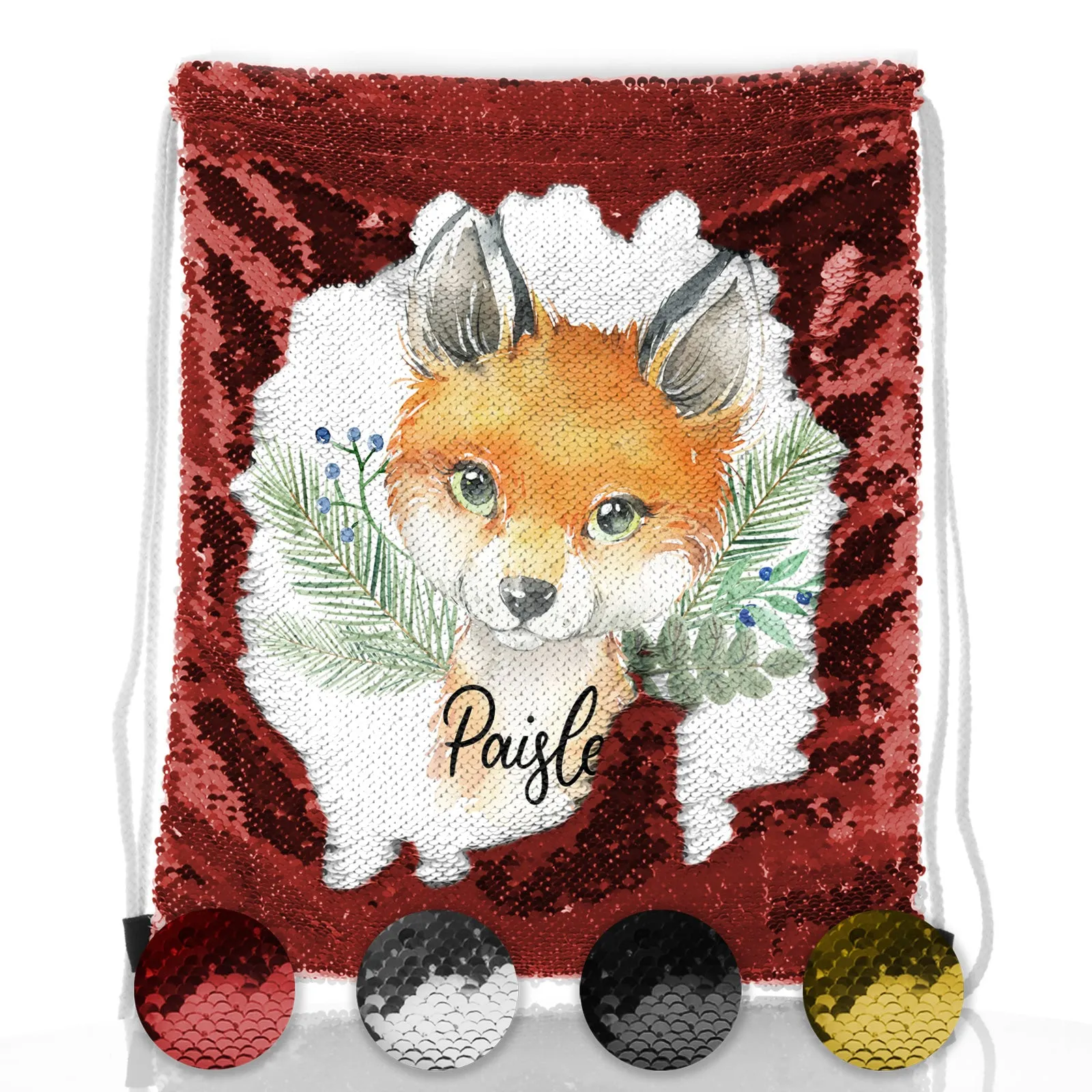 Personalised Sequin Drawstring Backpack with Red Fox Blue Berries and Cute Text