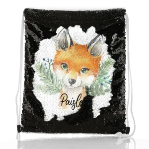 Personalised Sequin Drawstring Backpack with Red Fox Blue Berries and Cute Text