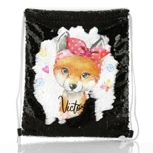 Personalised Sequin Drawstring Backpack with Red Fox with Hearts Dandelion Butterflies and Cute Text