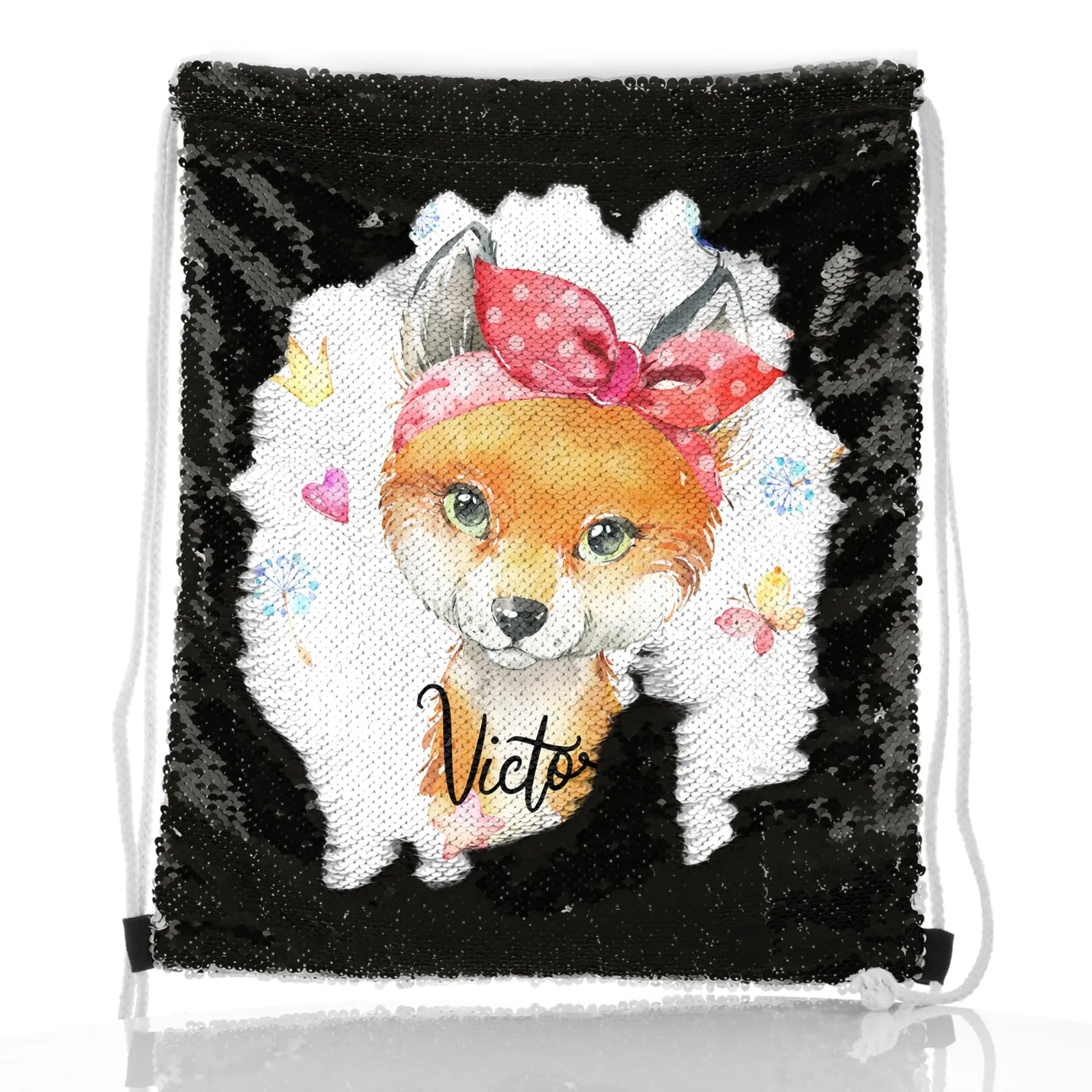 Personalised Sequin Drawstring Backpack with Red Fox with Hearts Dandelion Butterflies and Cute Text
