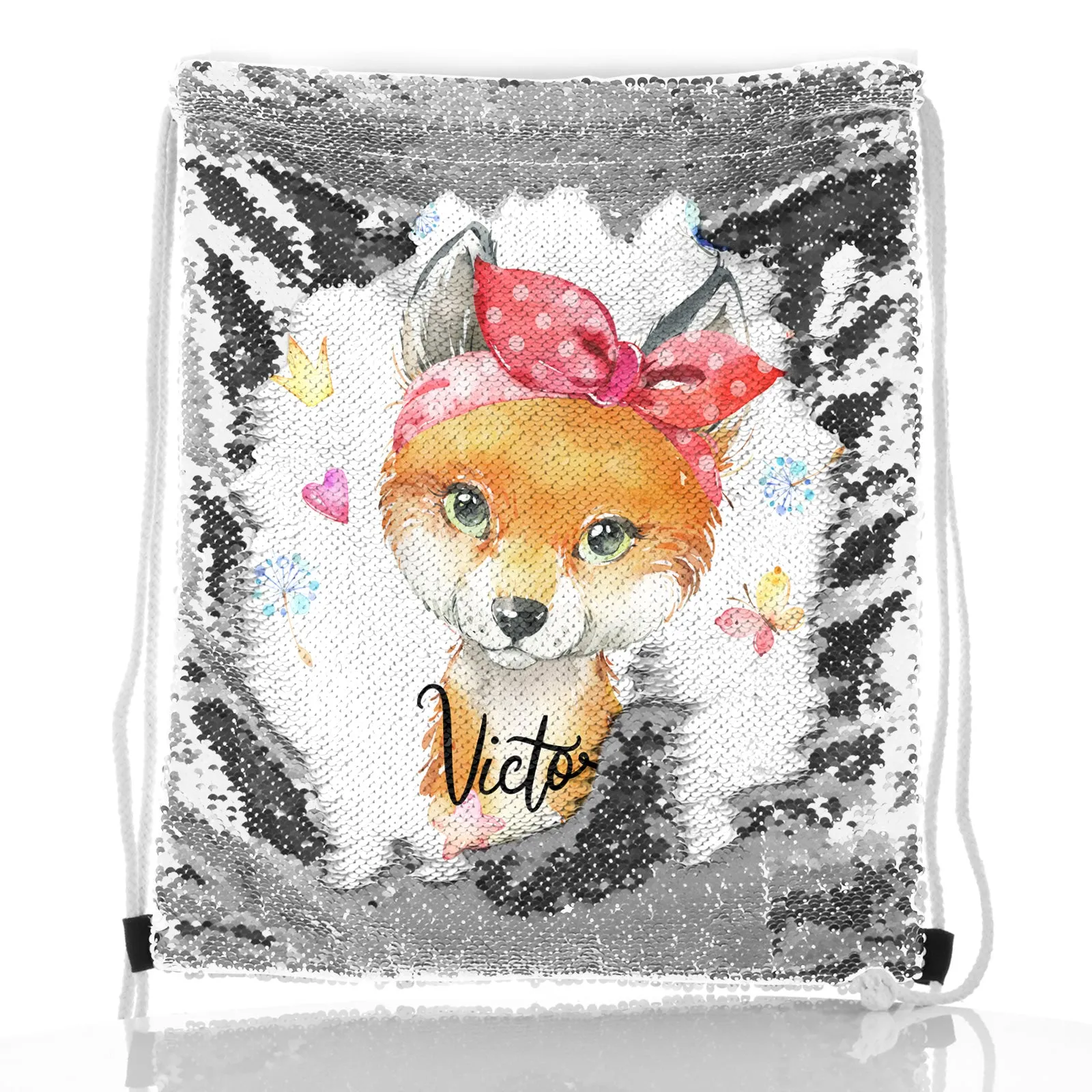 Personalised Sequin Drawstring Backpack with Red Fox with Hearts Dandelion Butterflies and Cute Text