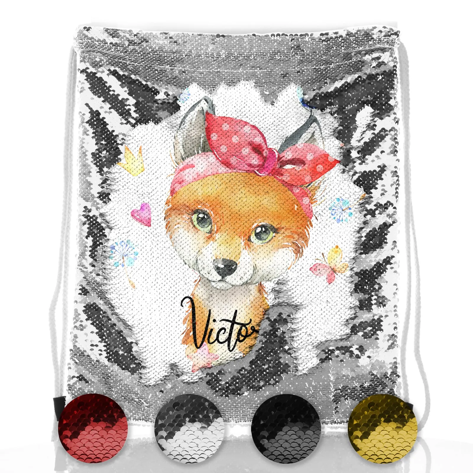 Personalised Sequin Drawstring Backpack with Red Fox with Hearts Dandelion Butterflies and Cute Text