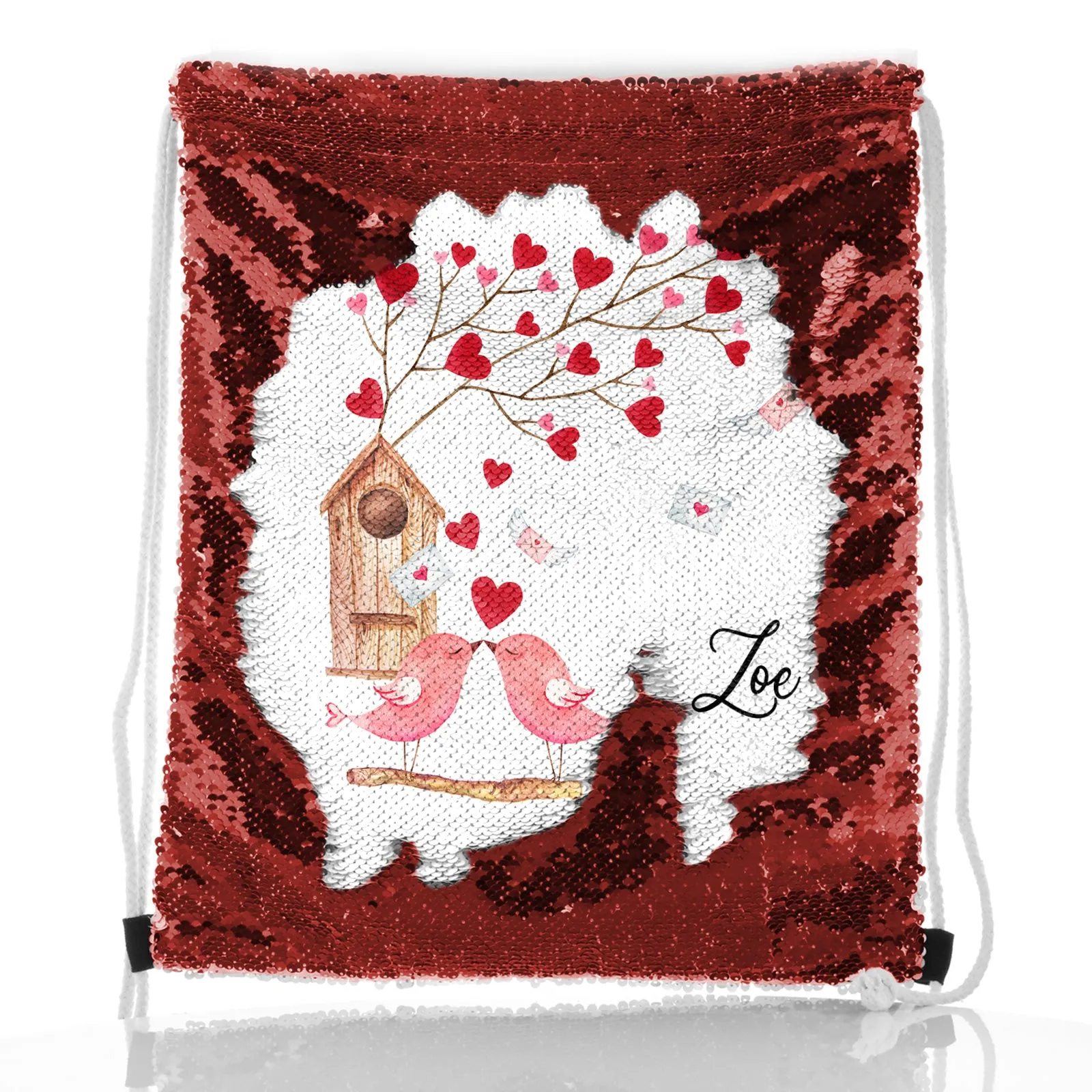 Personalised Sequin Drawstring Backpack with Stylish Text and Love Bird Letters Print