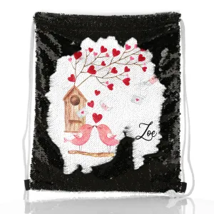 Personalised Sequin Drawstring Backpack with Stylish Text and Love Bird Letters Print
