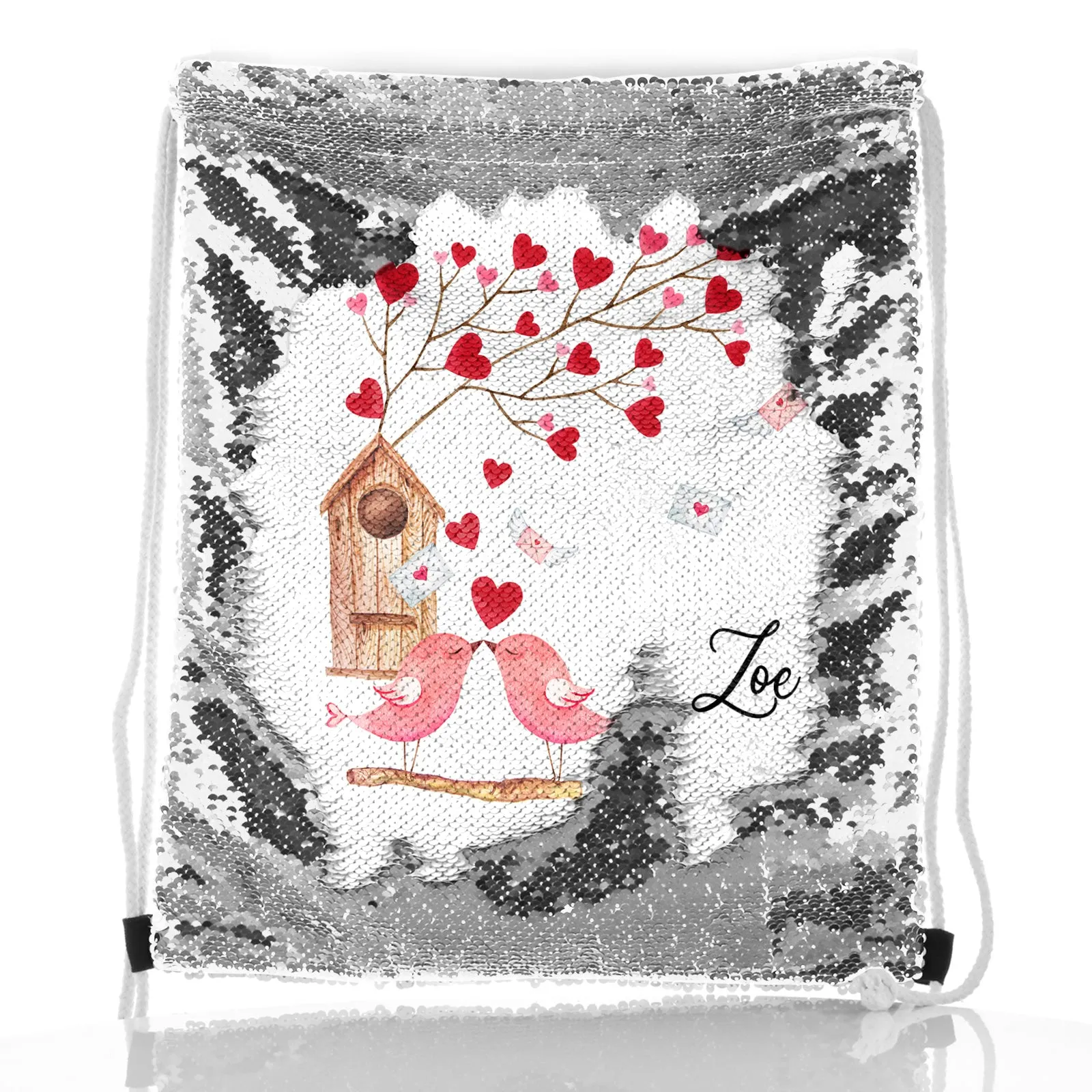Personalised Sequin Drawstring Backpack with Stylish Text and Love Bird Letters Print