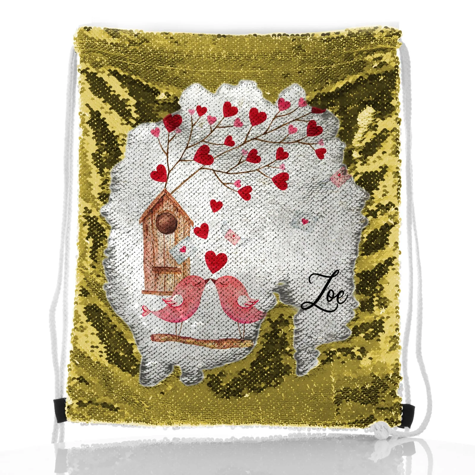 Personalised Sequin Drawstring Backpack with Stylish Text and Love Bird Letters Print