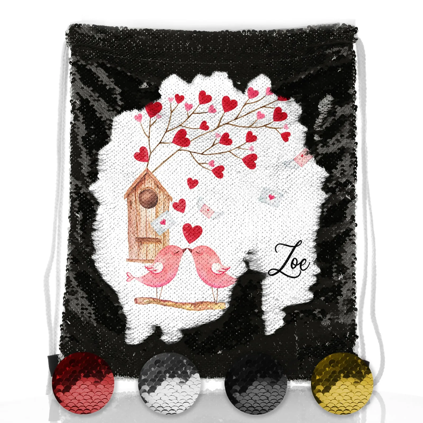 Personalised Sequin Drawstring Backpack with Stylish Text and Love Bird Letters Print