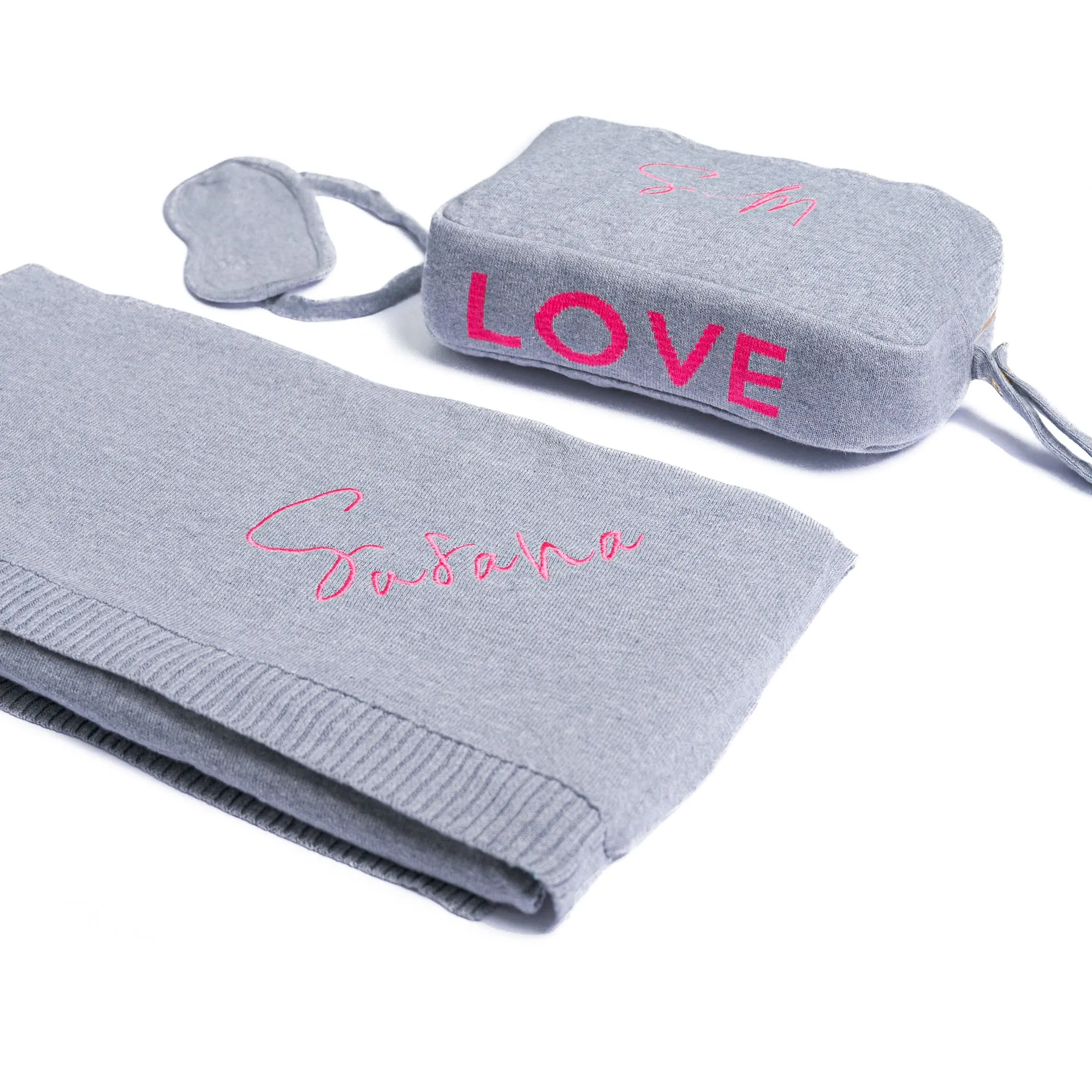 Personalized Adult Travel Set LOVE 3 Piece Knitted Grey / Neon Pink
