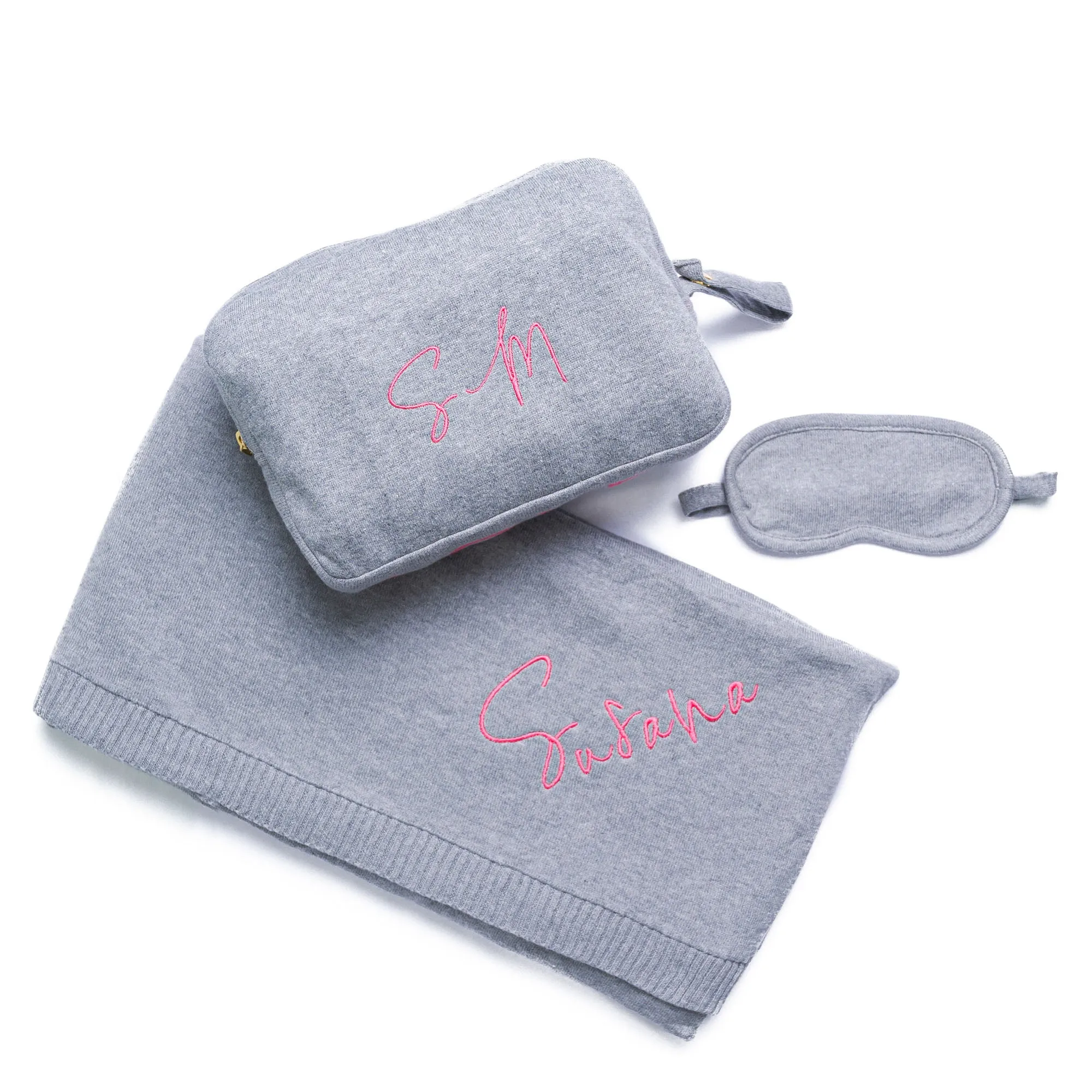 Personalized Adult Travel Set LOVE 3 Piece Knitted Grey / Neon Pink