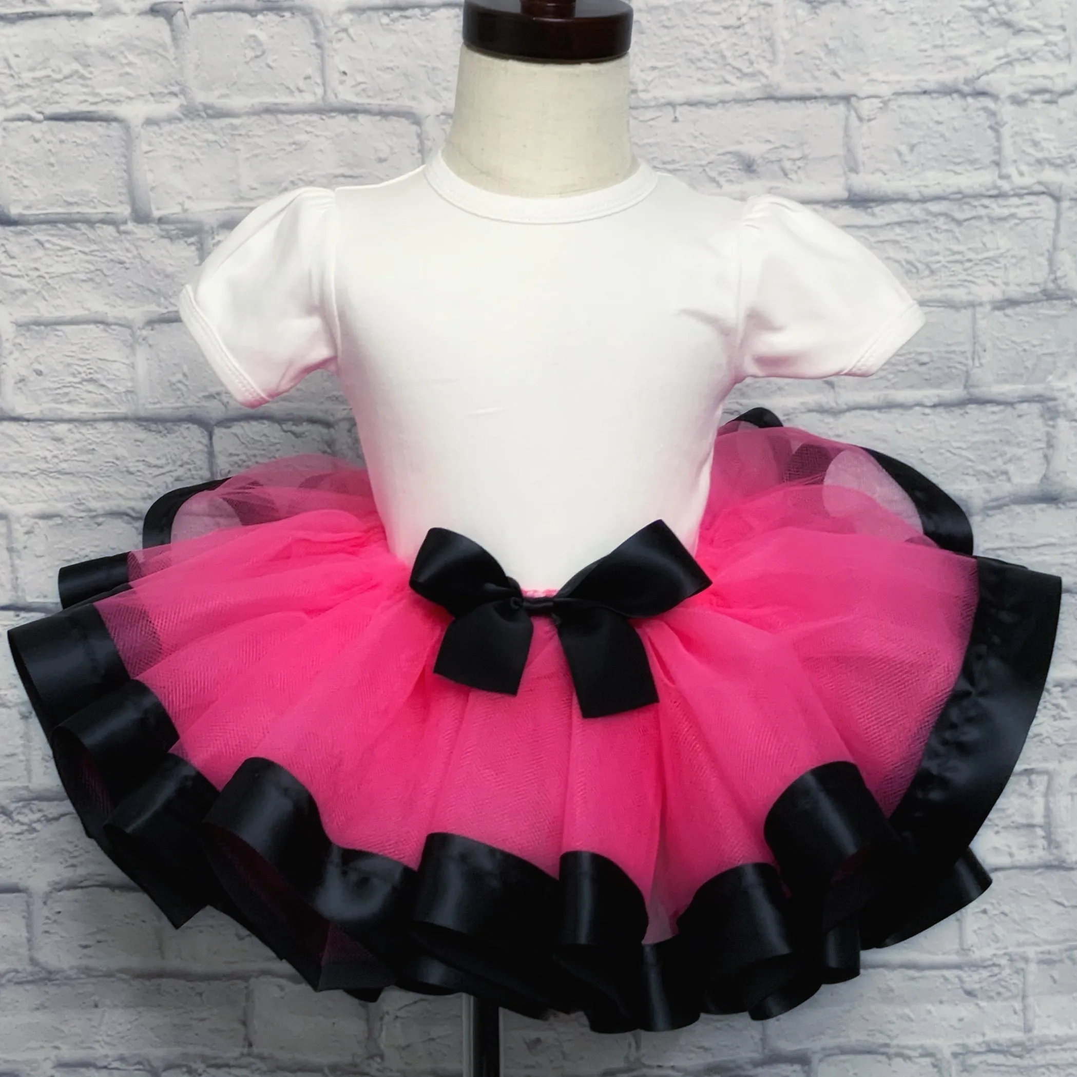 Pink Tutu / Black Ribbon Trim & Bow