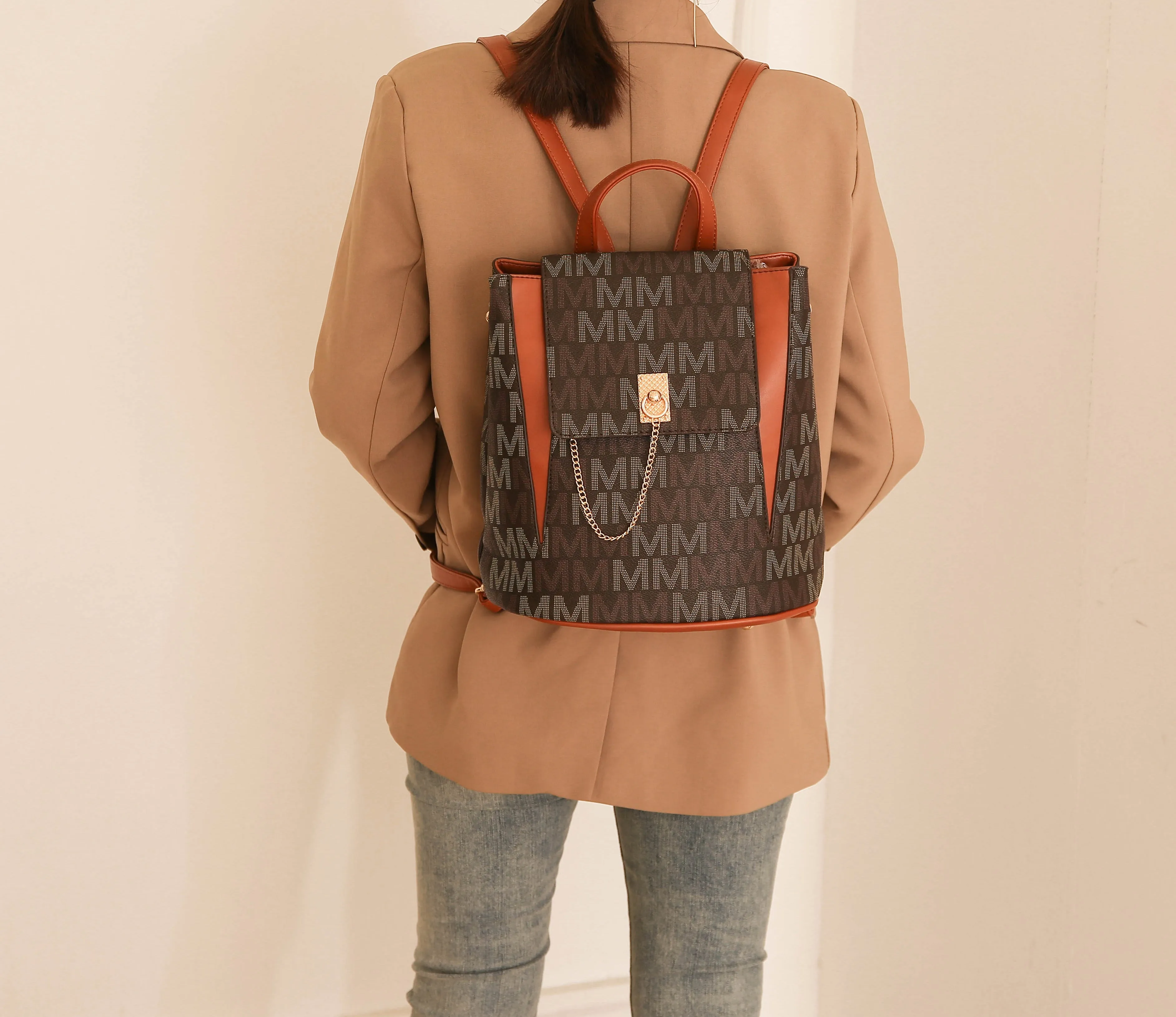 Polina M Signature With Gold Plated Chain Backpack