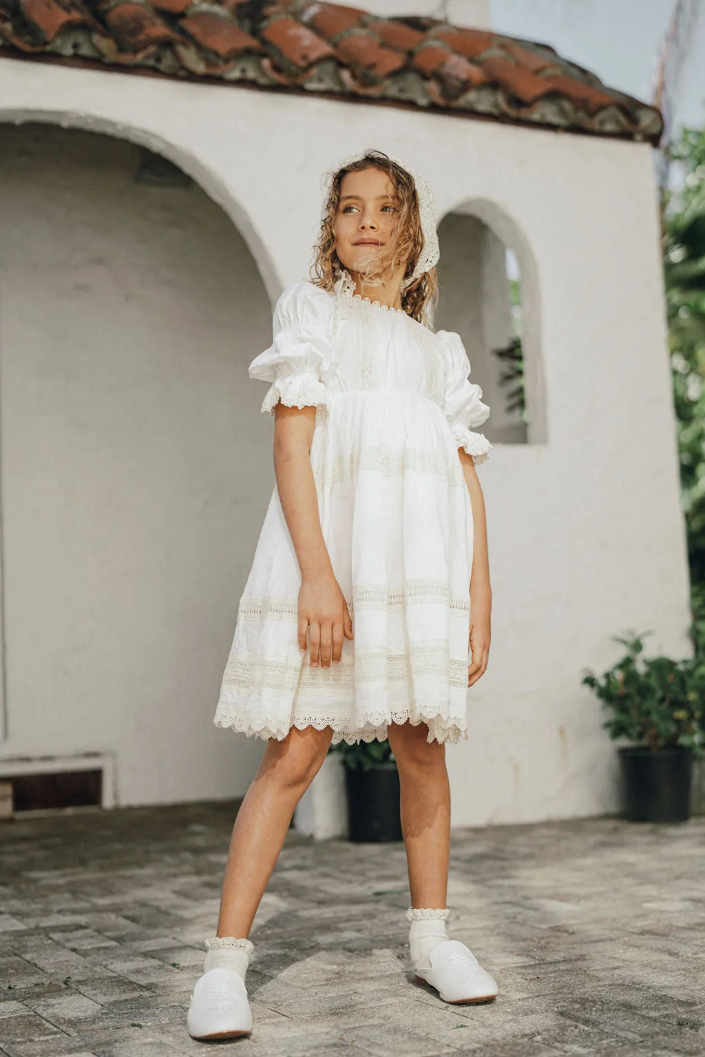 Pompomme Cream Lace Trimmed Dress