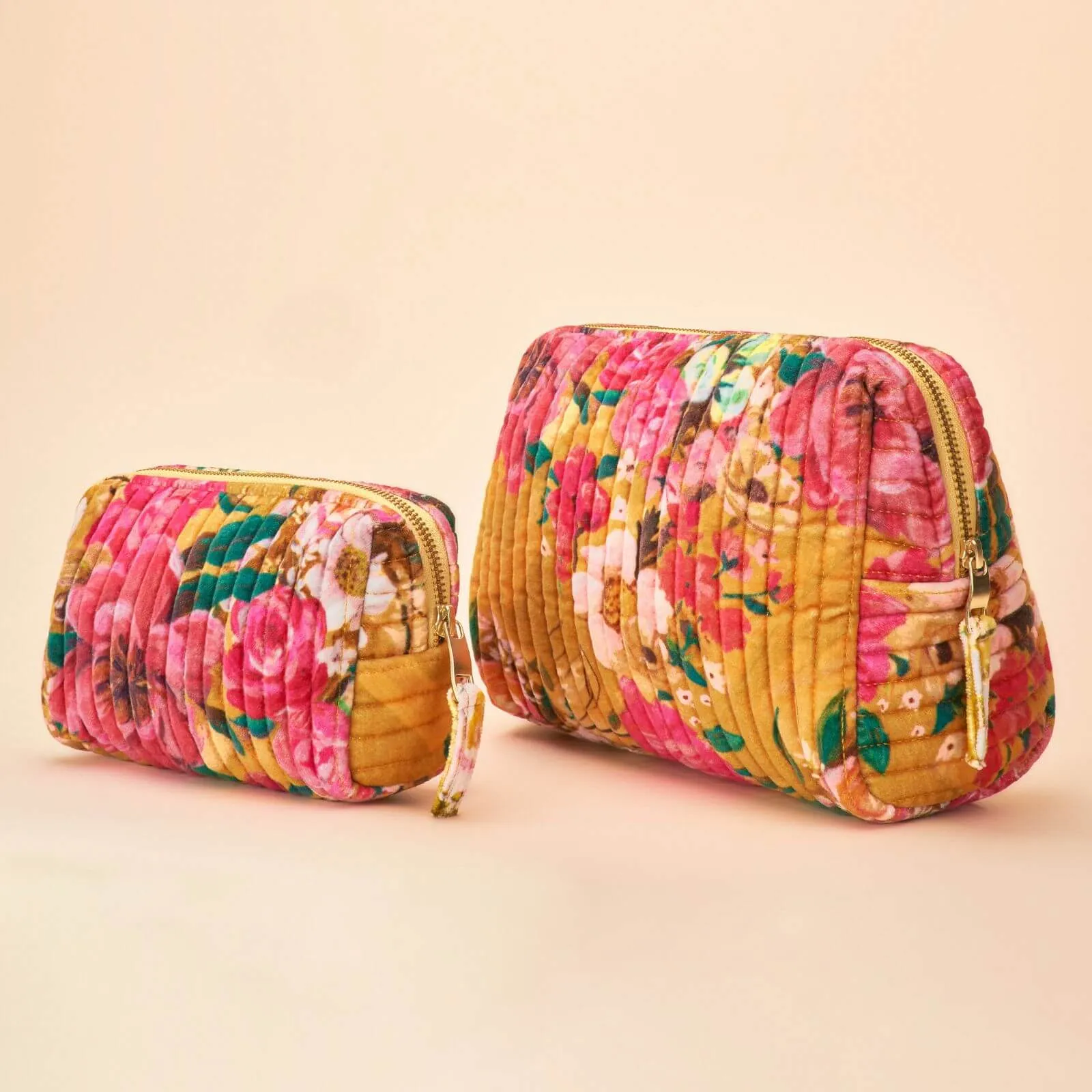 Powder Impressionist Floral Quilted Velvet Vanity Bag - Mustard