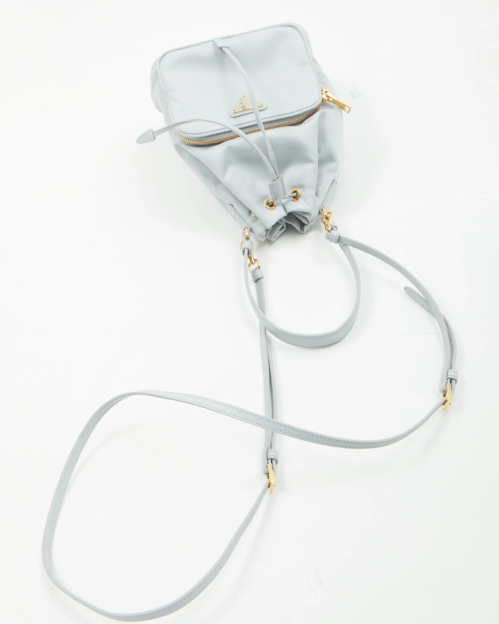 Prada Ice Blue Saffiano-Trimmed Tessuto Mini Bucket Bag