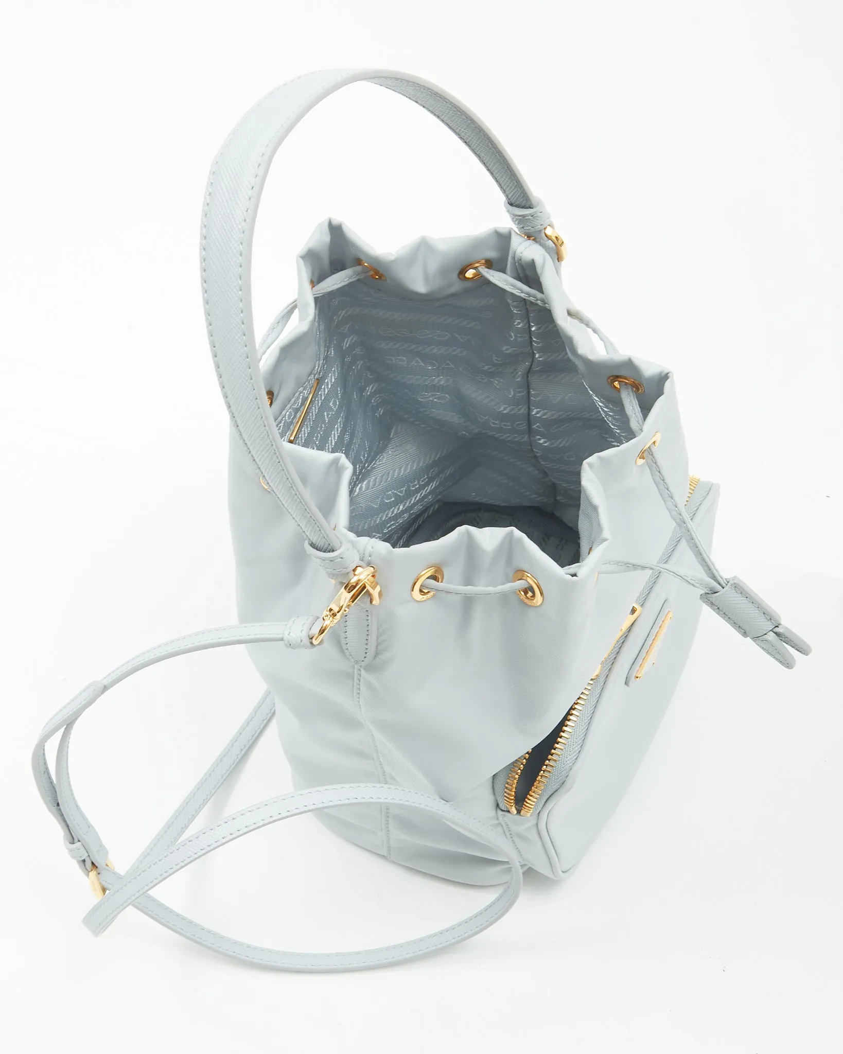 Prada Ice Blue Saffiano-Trimmed Tessuto Mini Bucket Bag