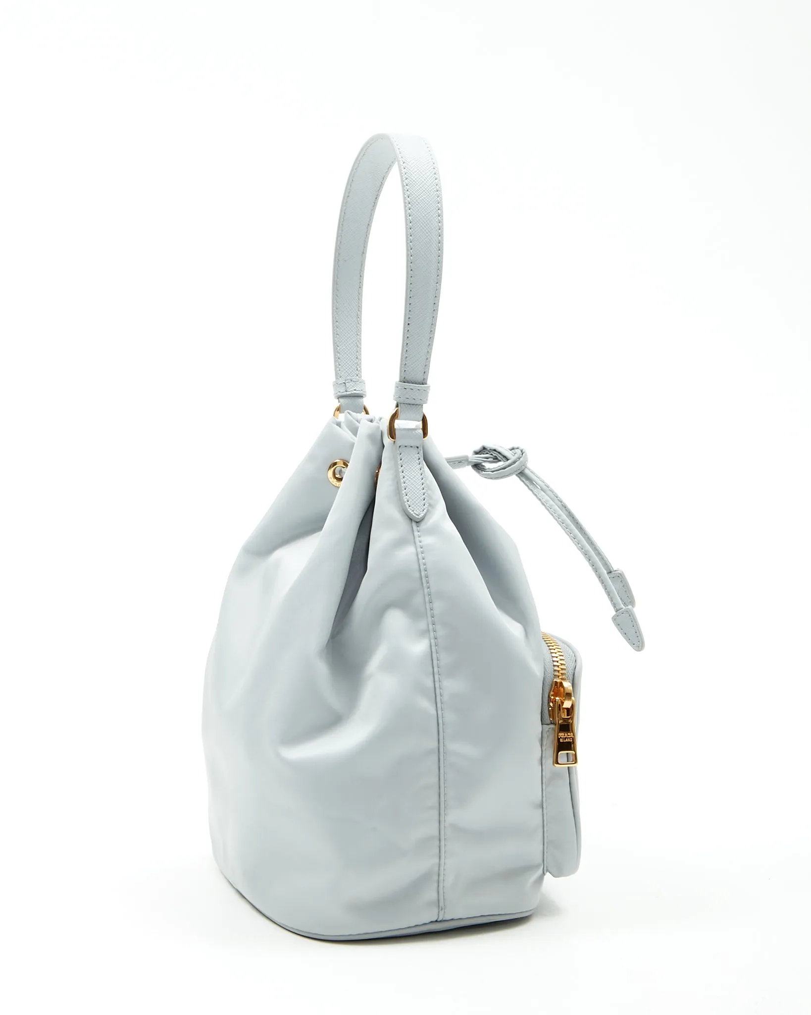 Prada Ice Blue Saffiano-Trimmed Tessuto Mini Bucket Bag
