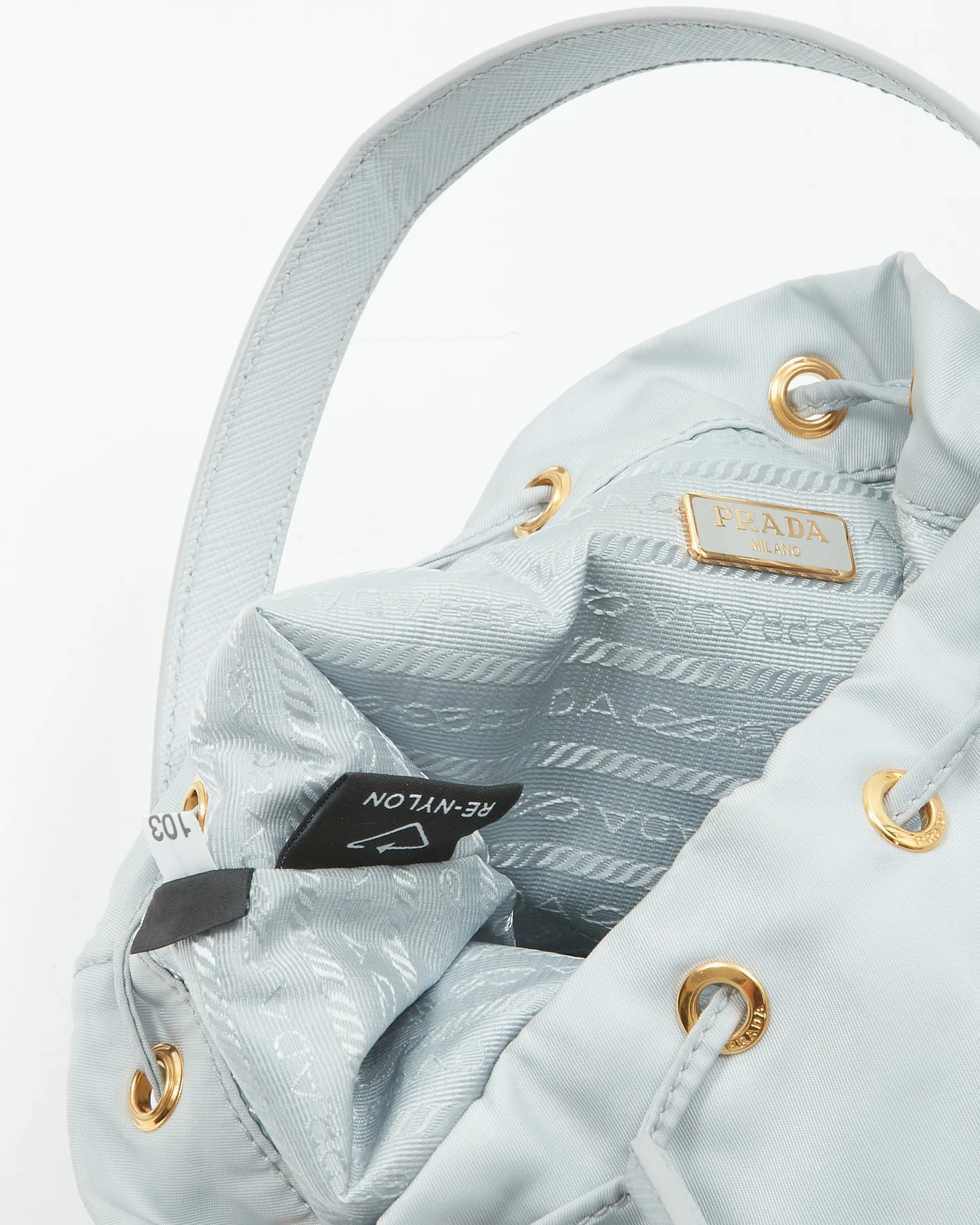 Prada Ice Blue Saffiano-Trimmed Tessuto Mini Bucket Bag