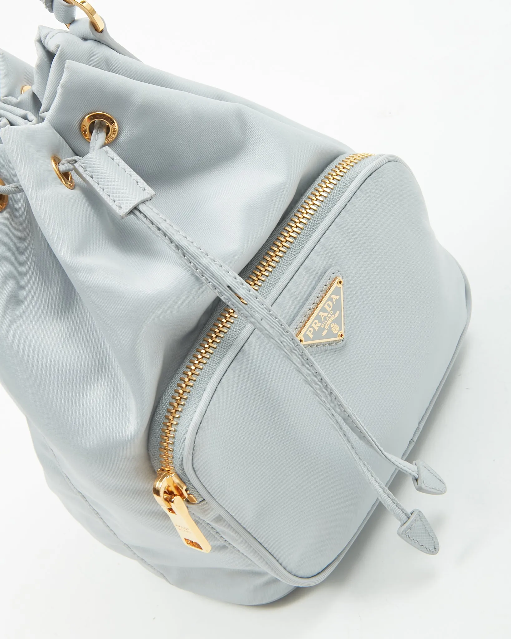 Prada Ice Blue Saffiano-Trimmed Tessuto Mini Bucket Bag