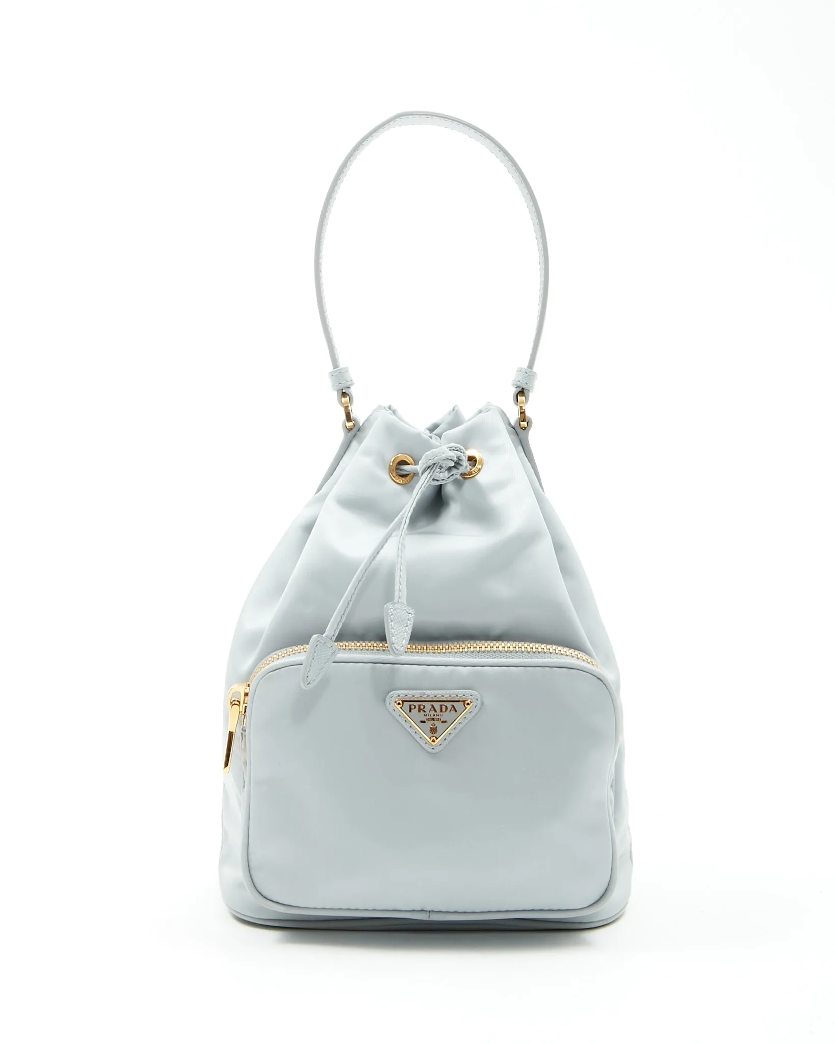 Prada Ice Blue Saffiano-Trimmed Tessuto Mini Bucket Bag
