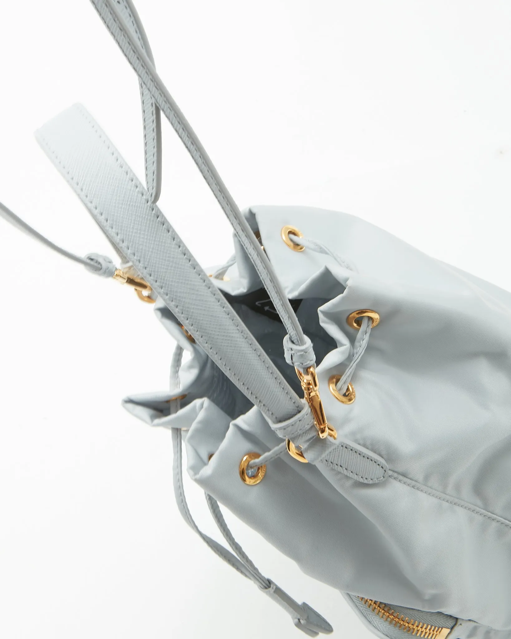 Prada Ice Blue Saffiano-Trimmed Tessuto Mini Bucket Bag
