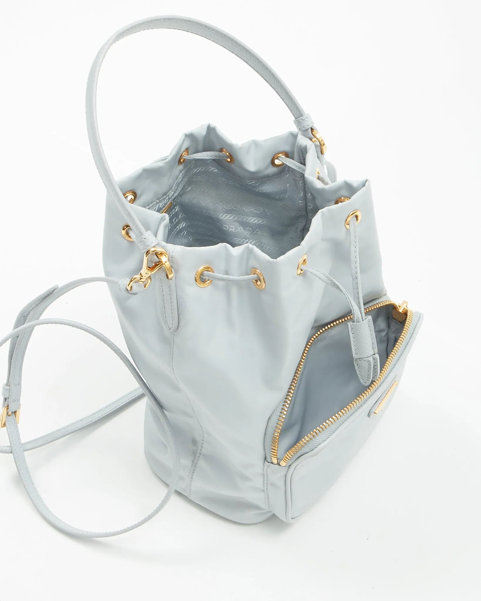 Prada Ice Blue Saffiano-Trimmed Tessuto Mini Bucket Bag